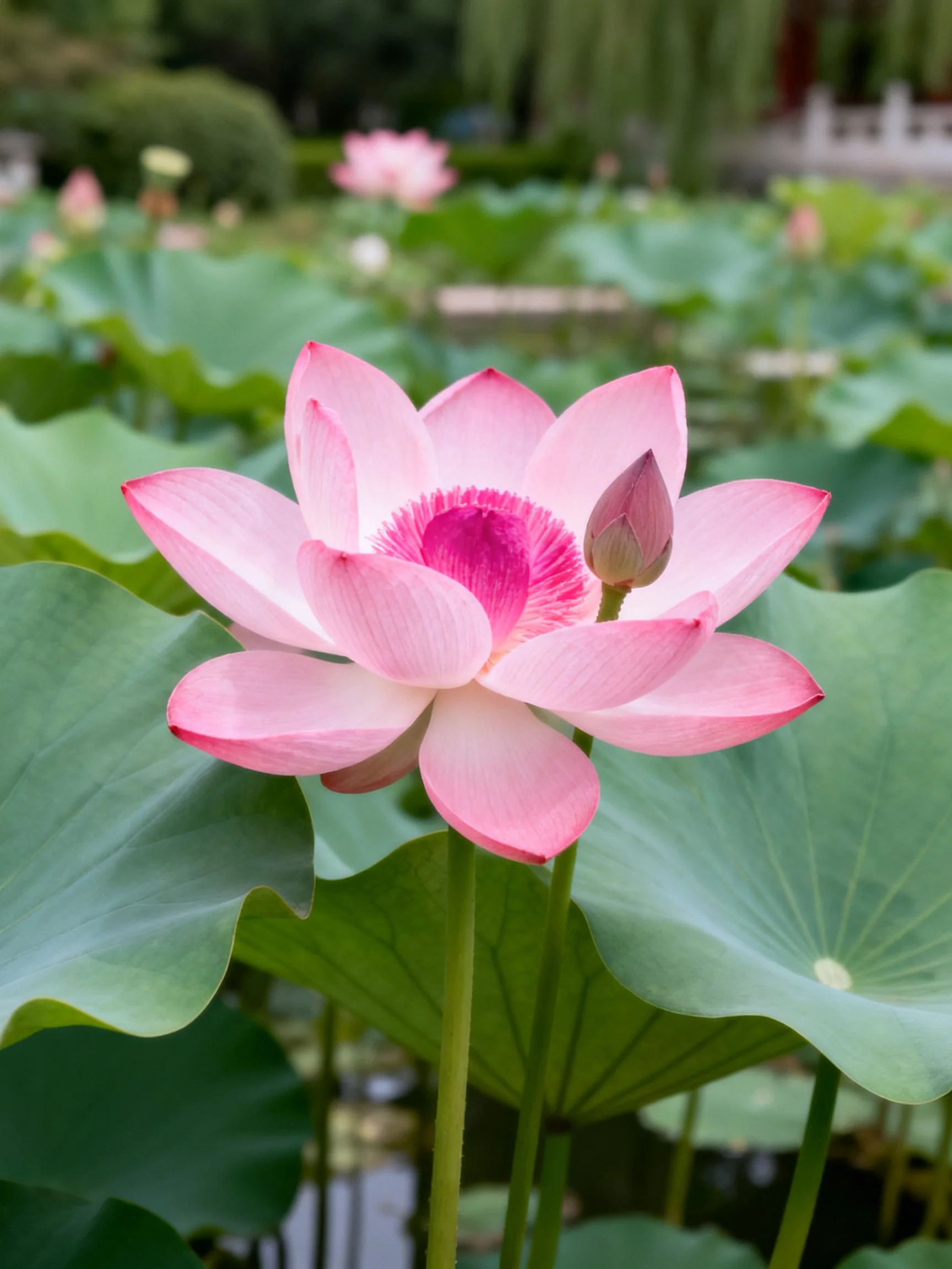 Vibrant pink lotus blooms amid large green leaves