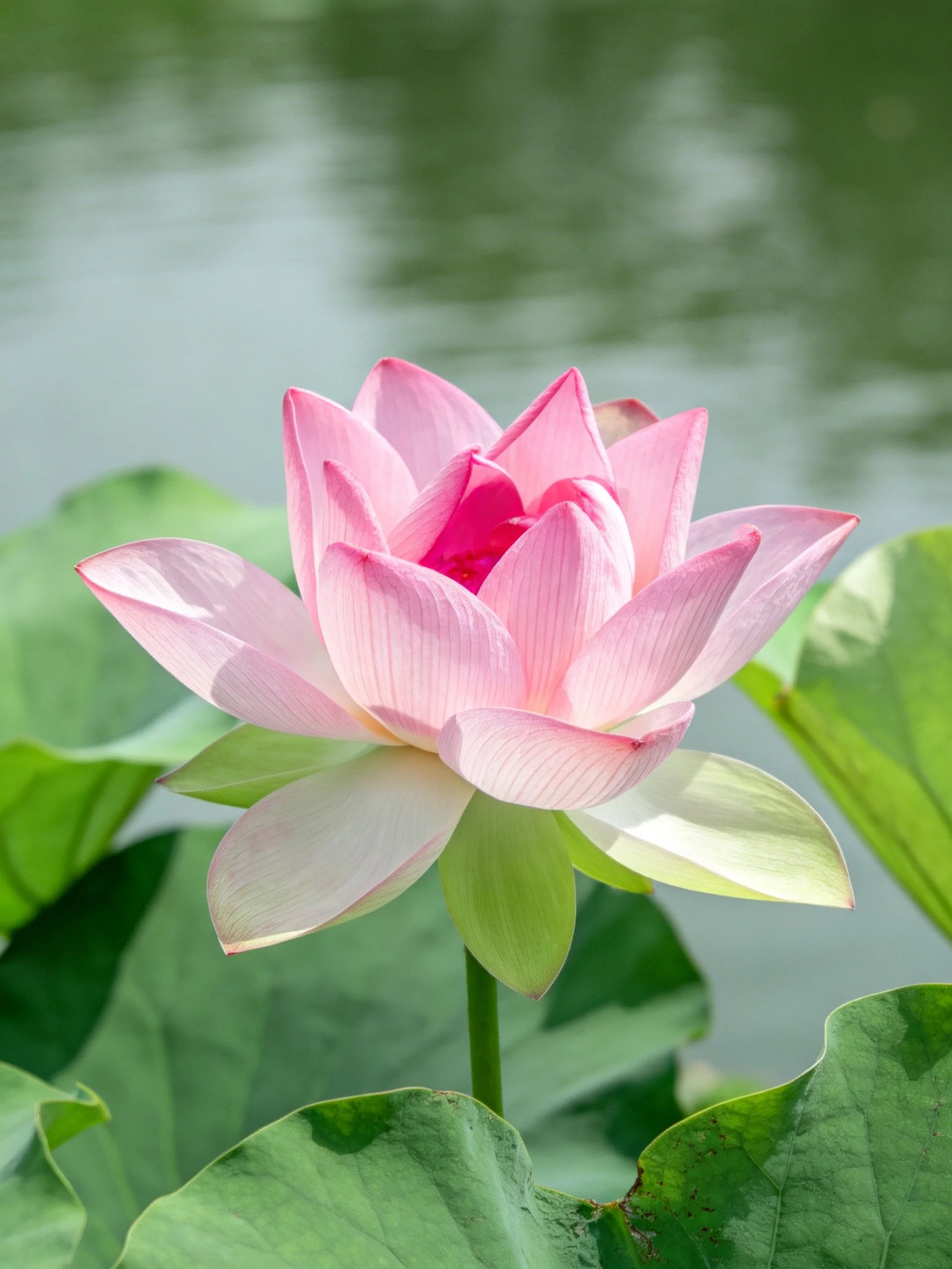 Vibrant pink lotus blooms amid large green lily pads by calm water
