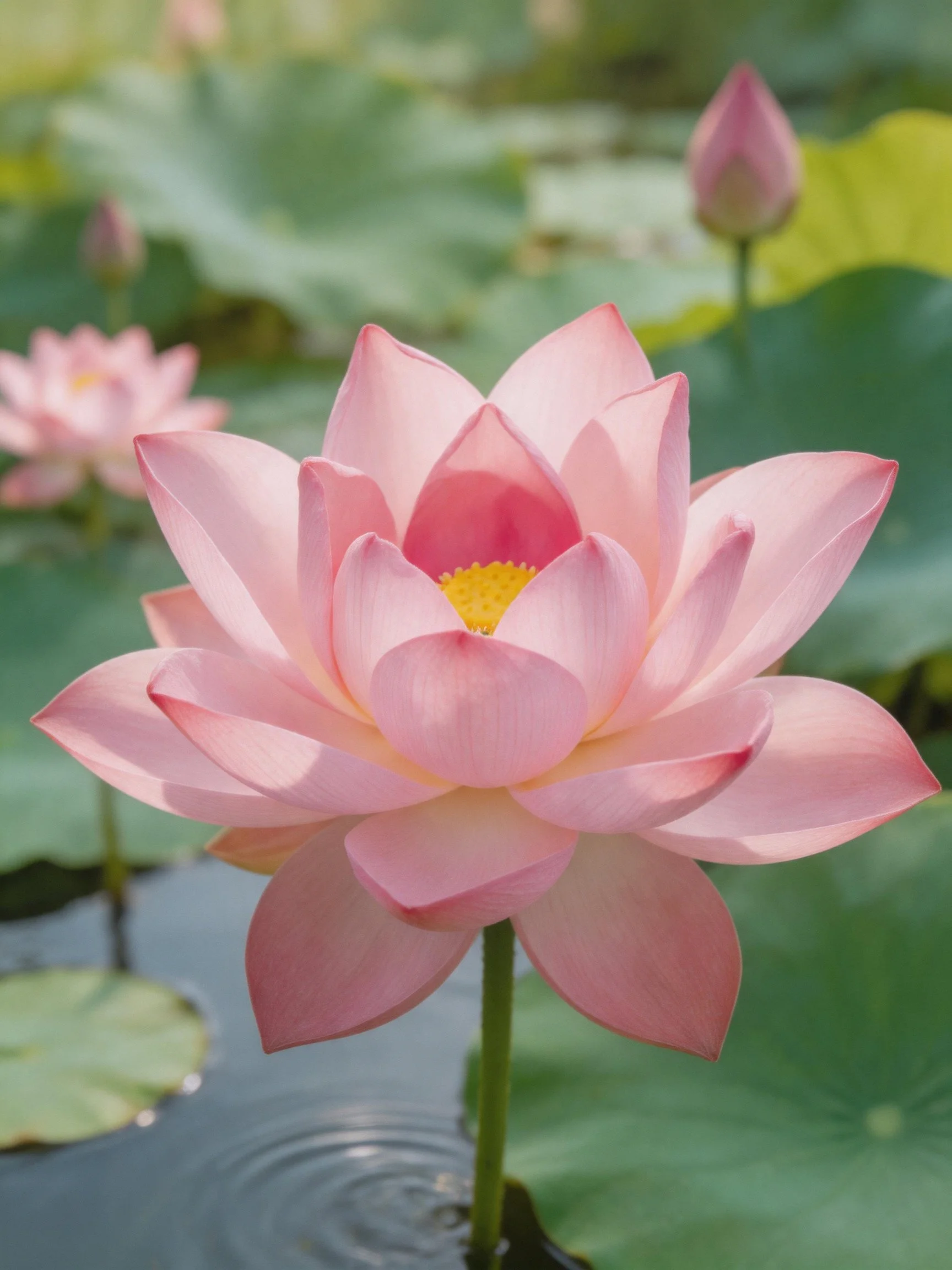 Vibrant pink lotus blooms among green lily pads over calm water
