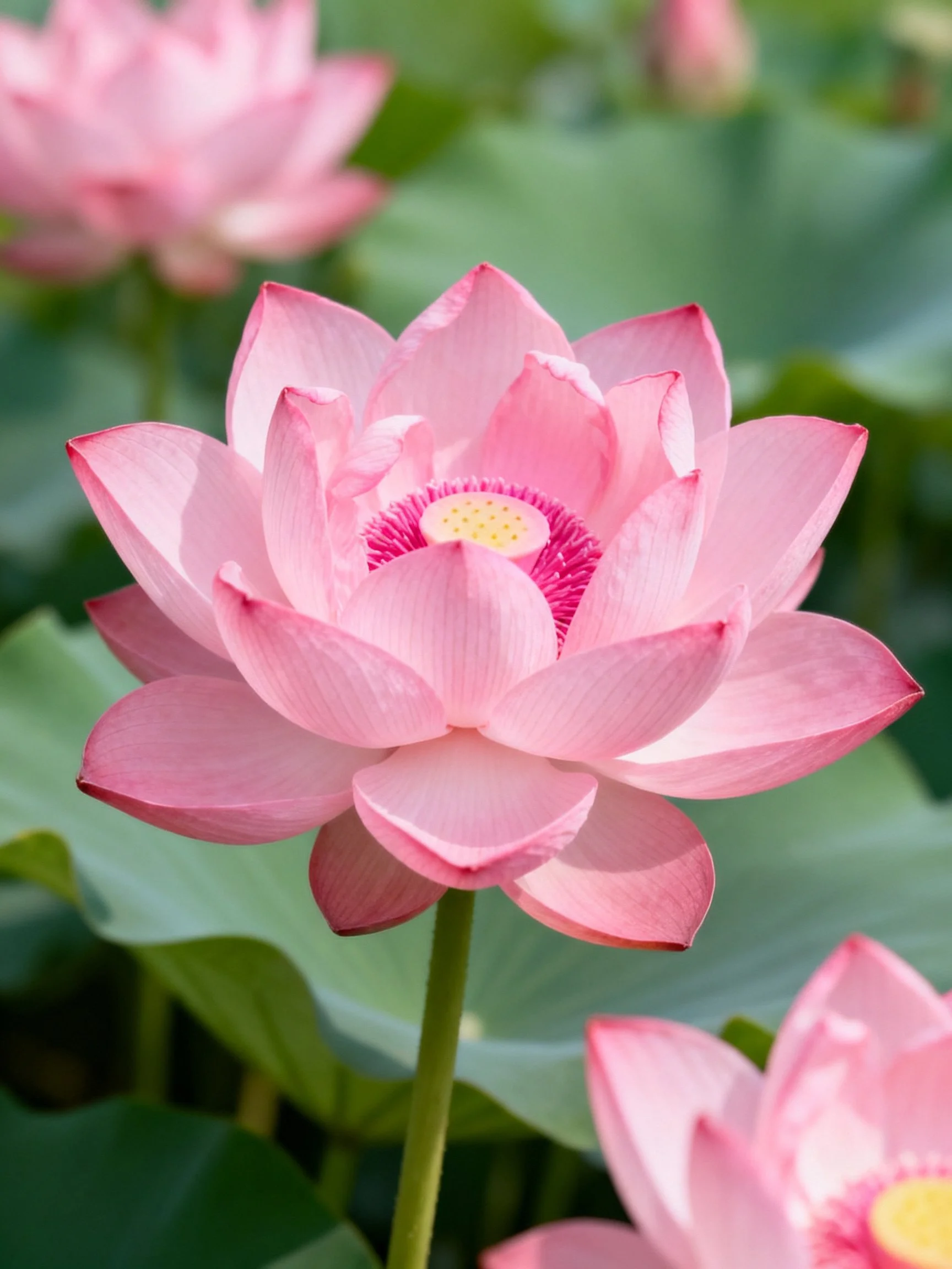 Vibrant pink lotus blooms with layered petals and green foliage