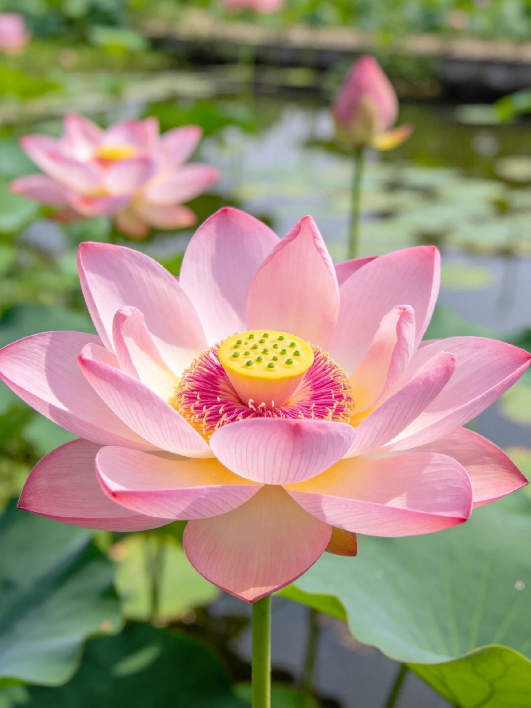 Vibrant pink lotus blooms with yellow centers near water and green foliage