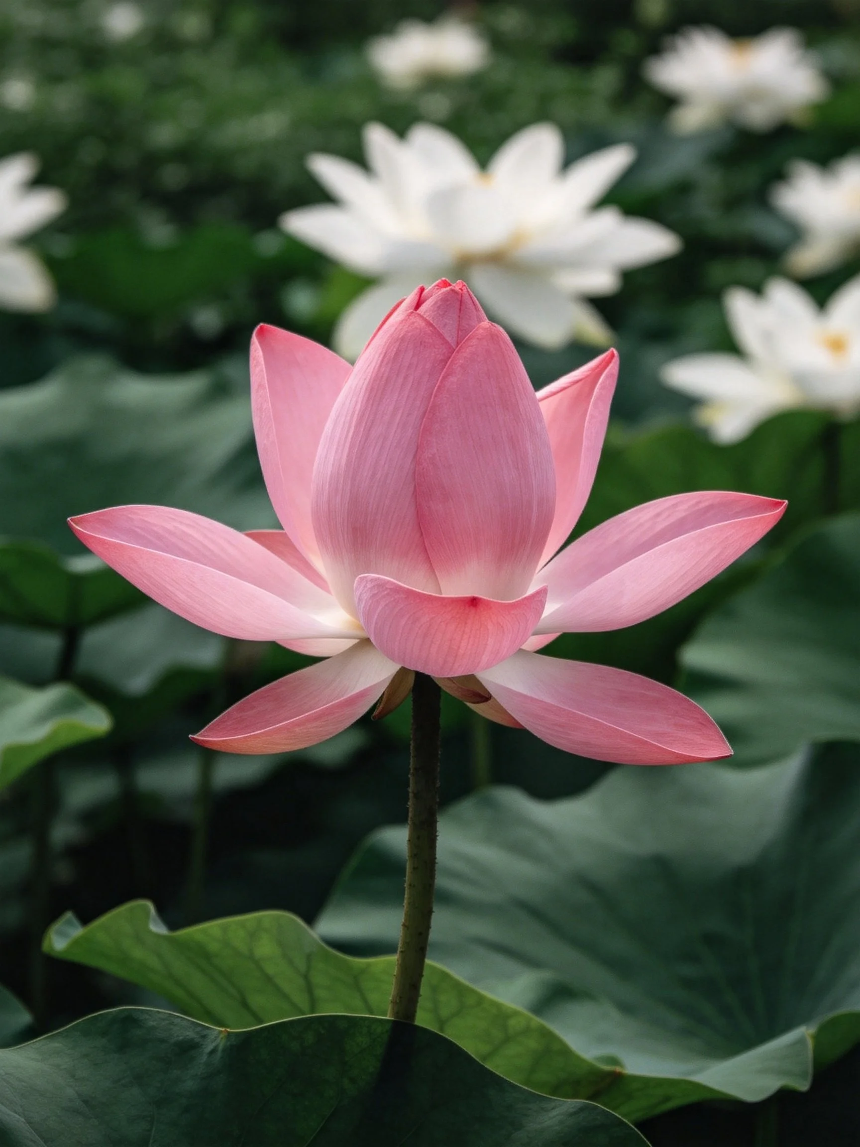 Vibrant pink lotus bud surrounded by lush green leaves and white blooms