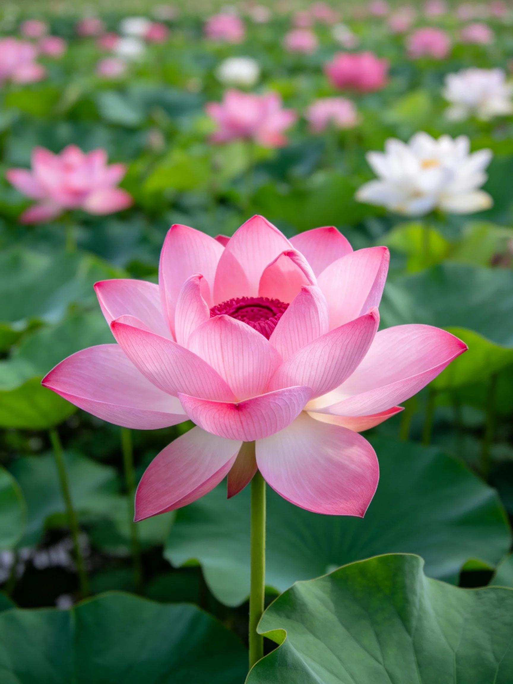 Vibrant pink lotus centered amid lush green foliage and distant blooms.
