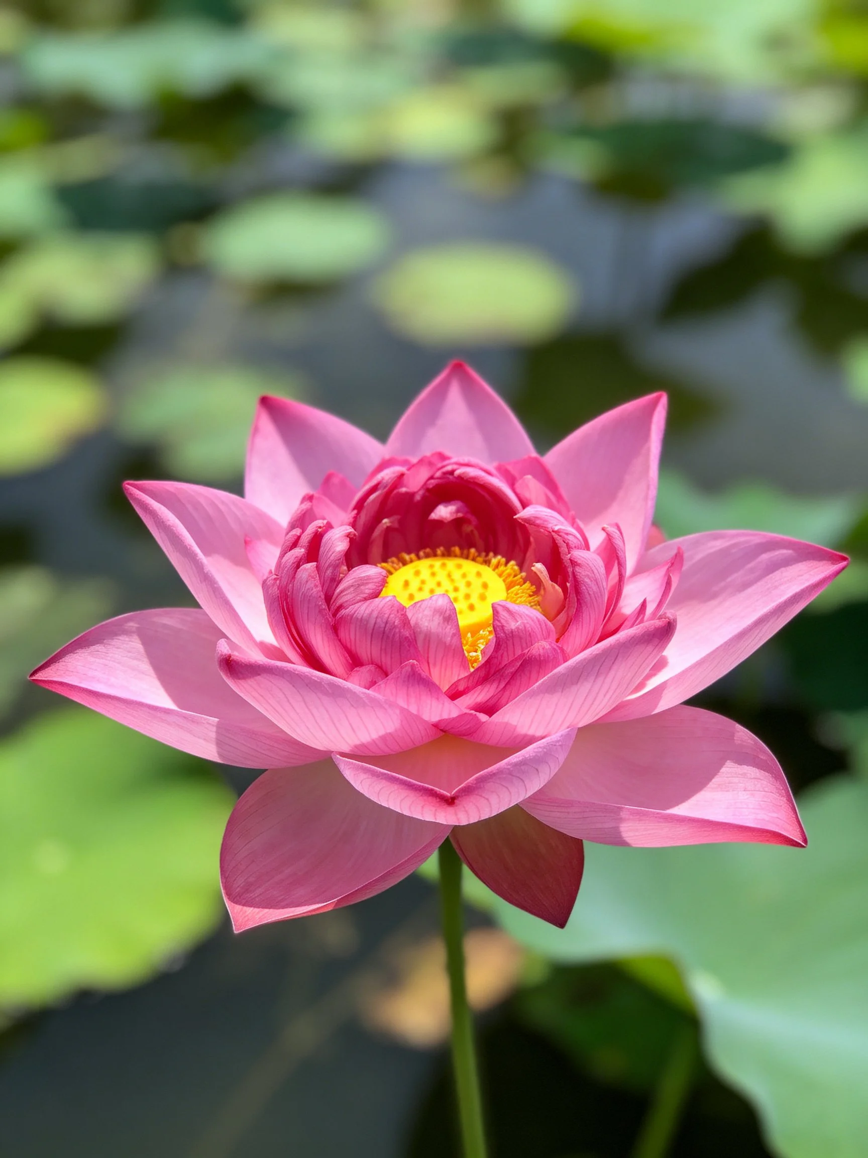 Vibrant pink lotus flower centered among green lily pads