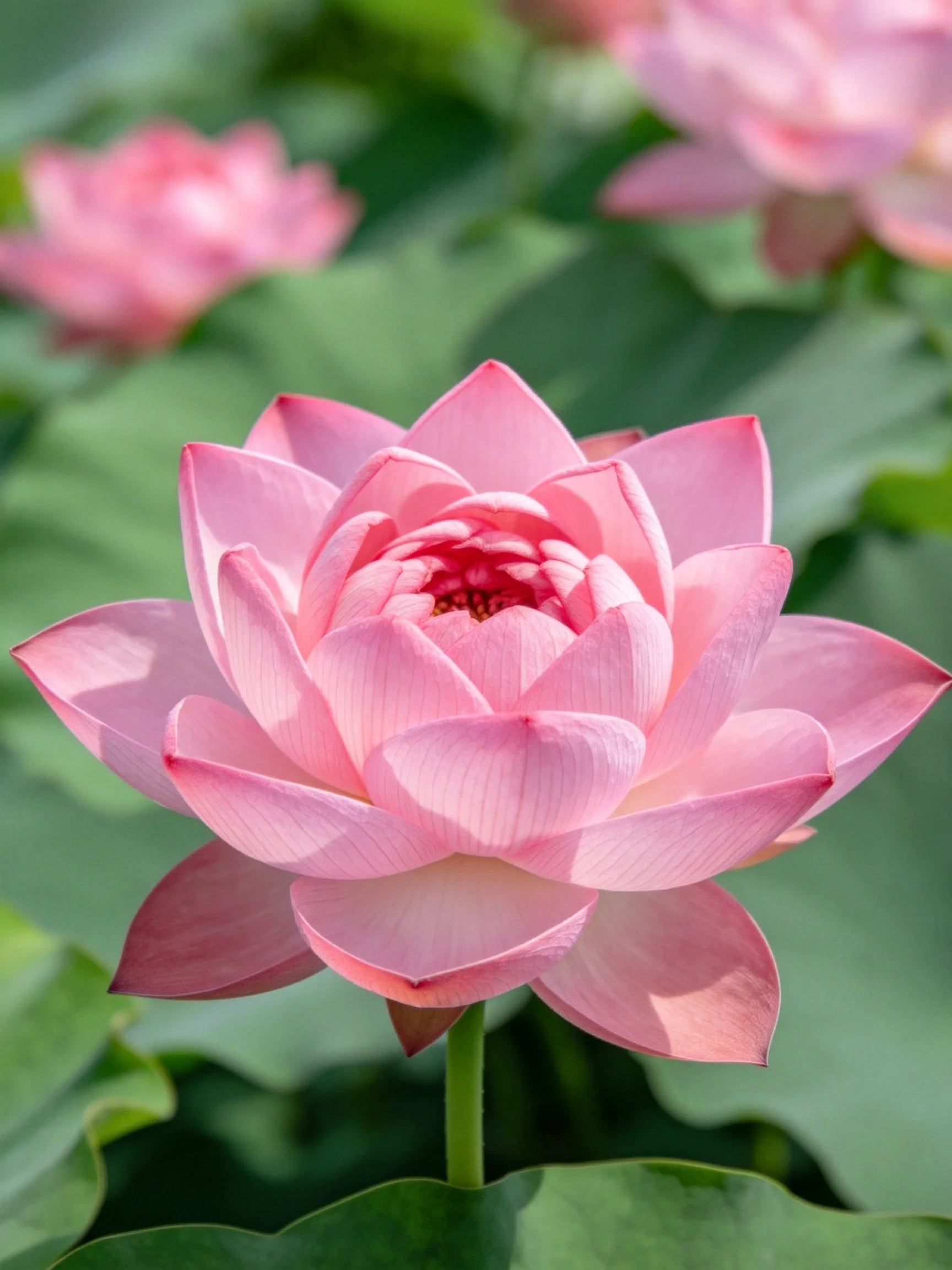 Vibrant pink lotus flower surrounded by large green leaves