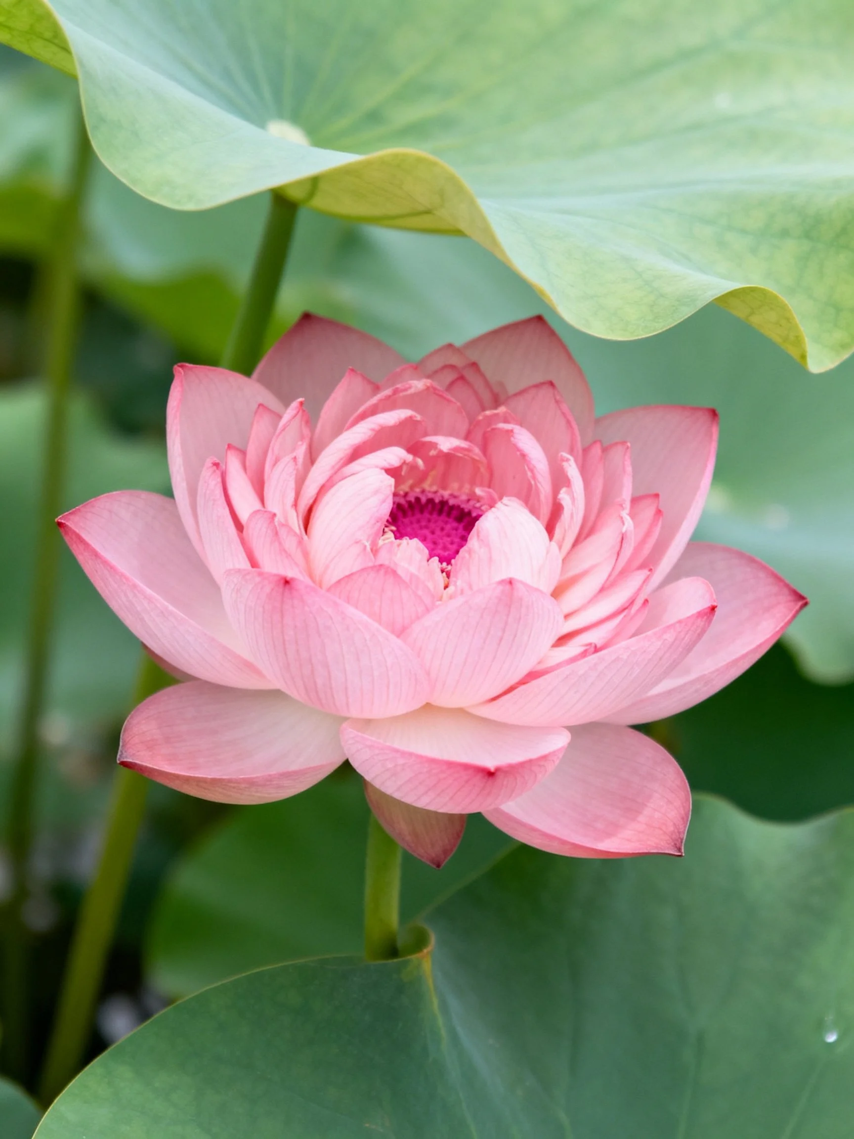 Vibrant pink lotus flower surrounded by large green leaves