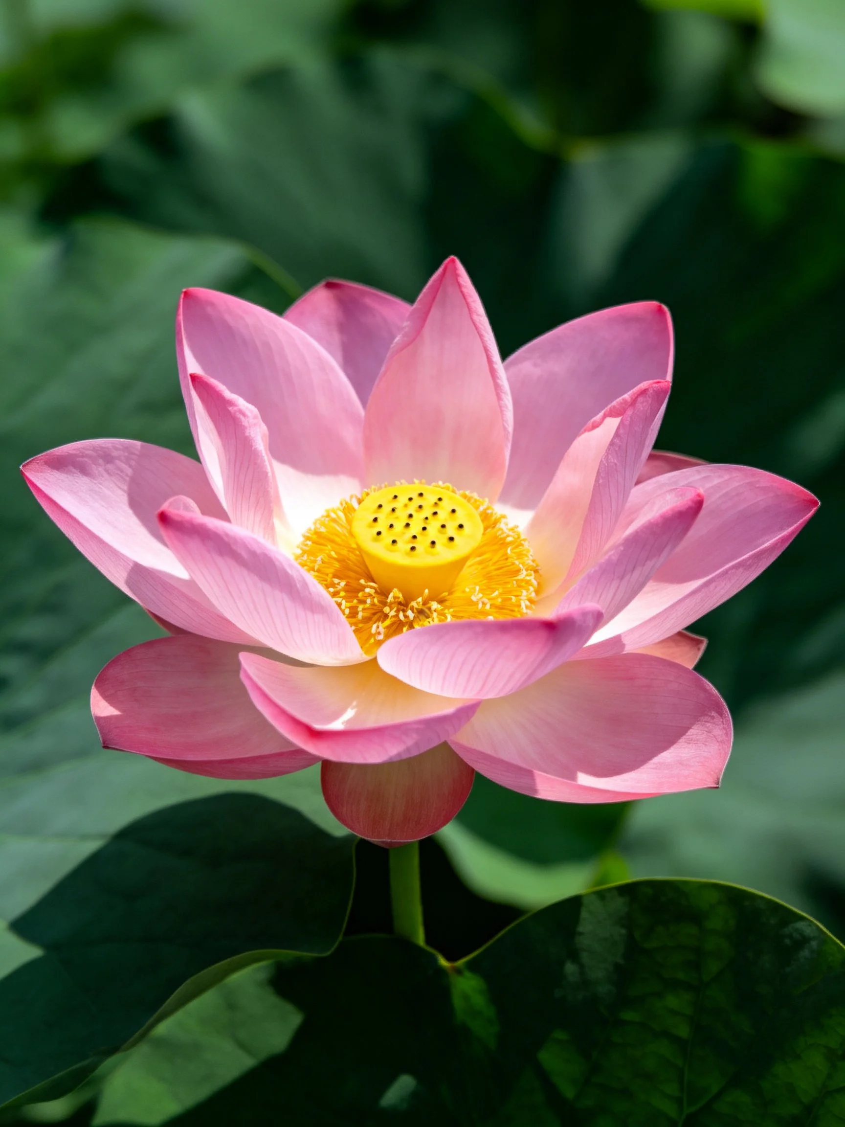 Vibrant pink lotus flower with bright yellow center among lush green leaves
