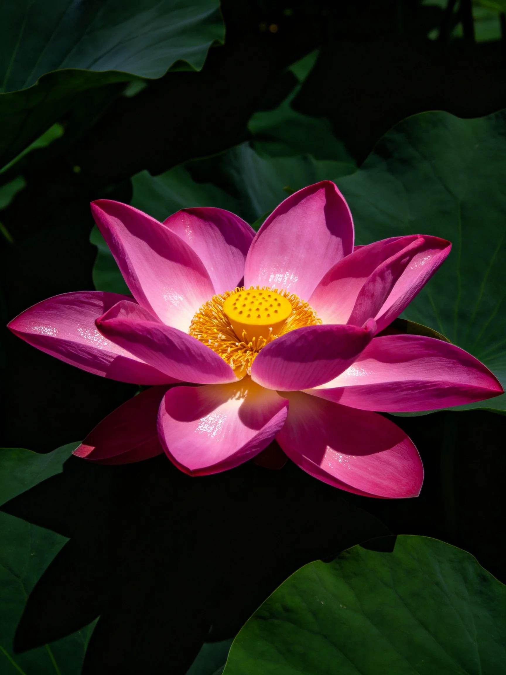 Vibrant pink lotus flower with golden center and dark green foliage