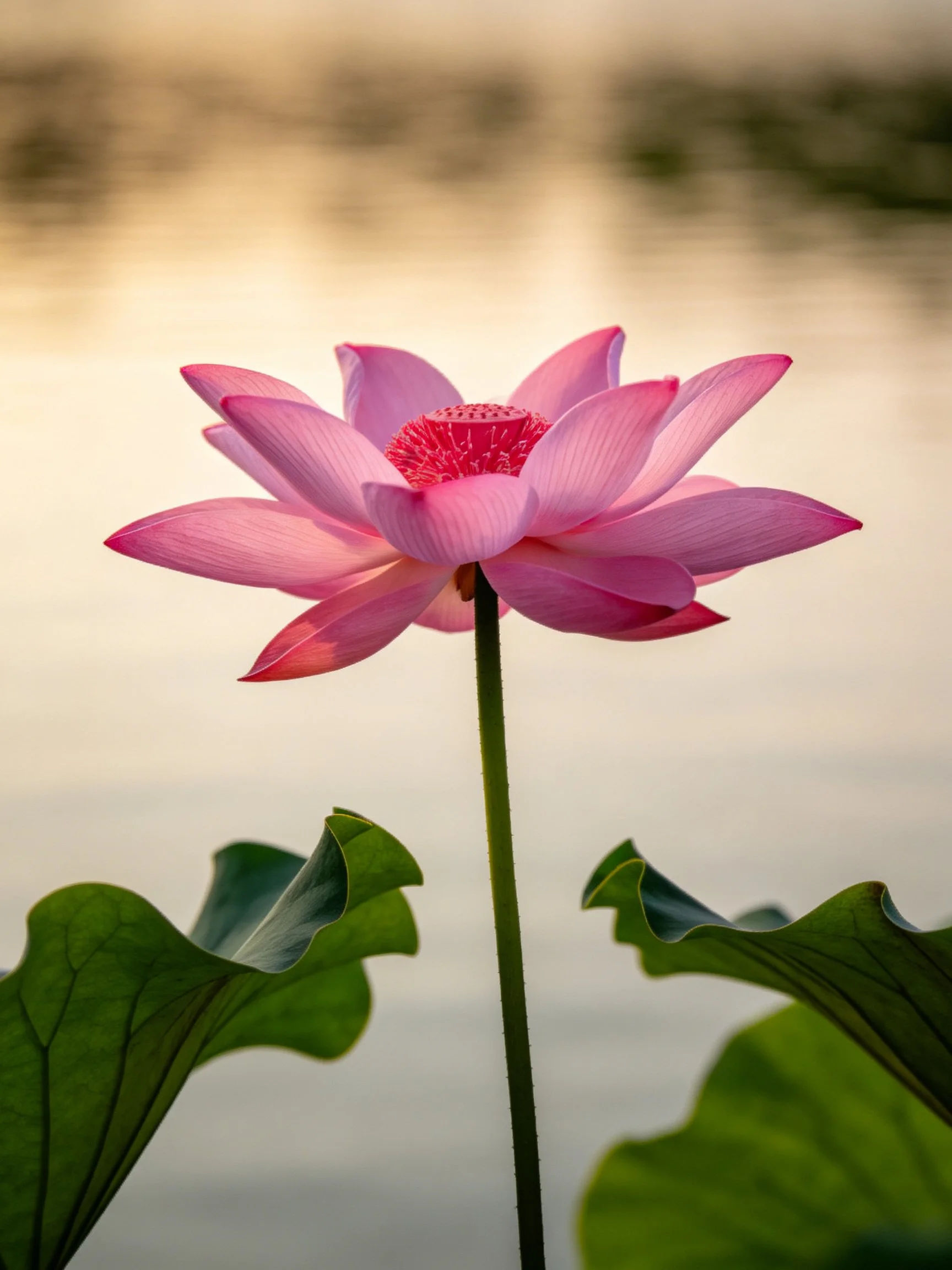 Vibrant pink lotus flower with large green leaves