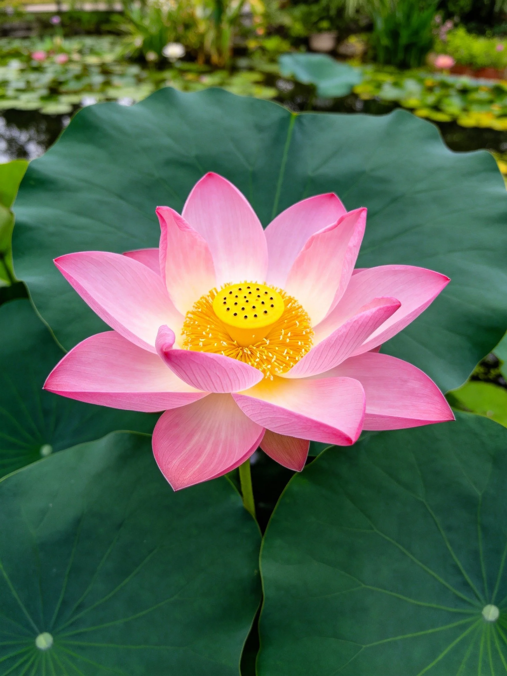 Vibrant pink lotus flower with large green leaves