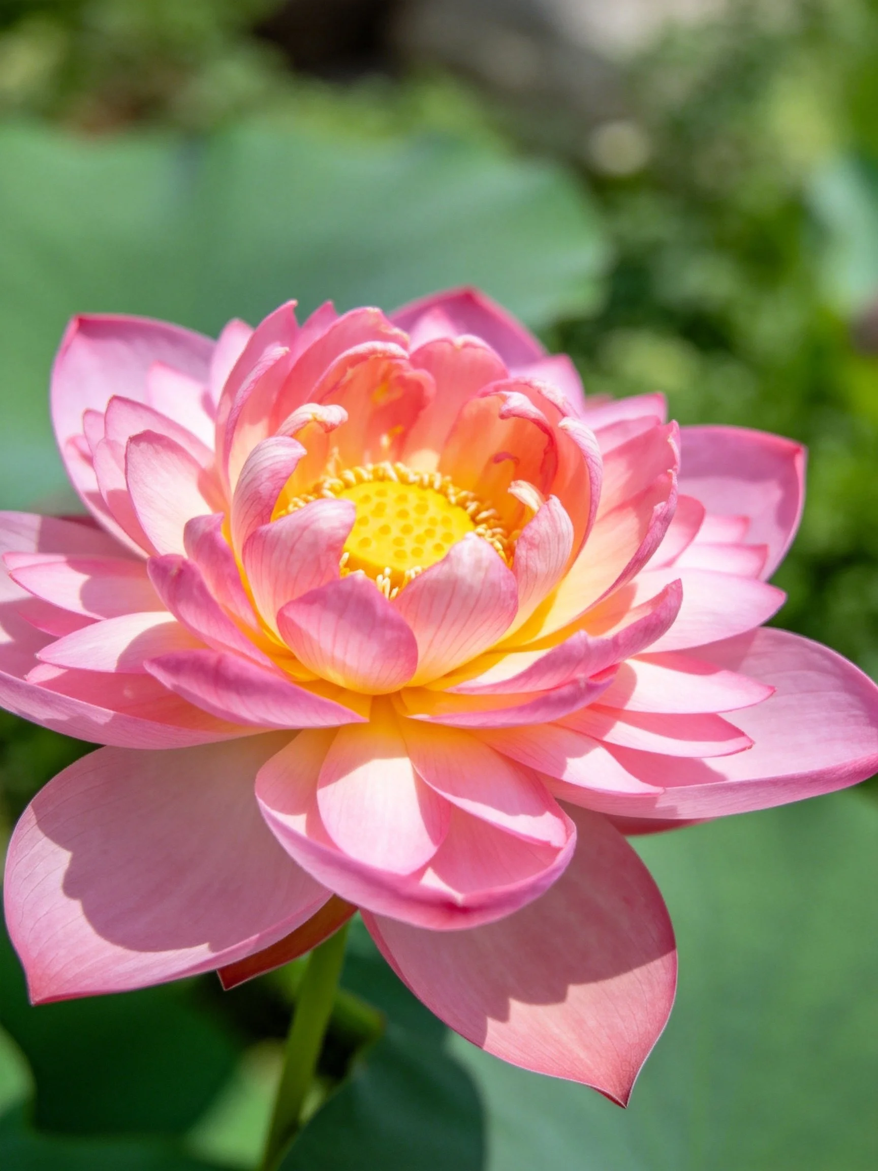 Vibrant pink lotus flower with layered petals and golden center