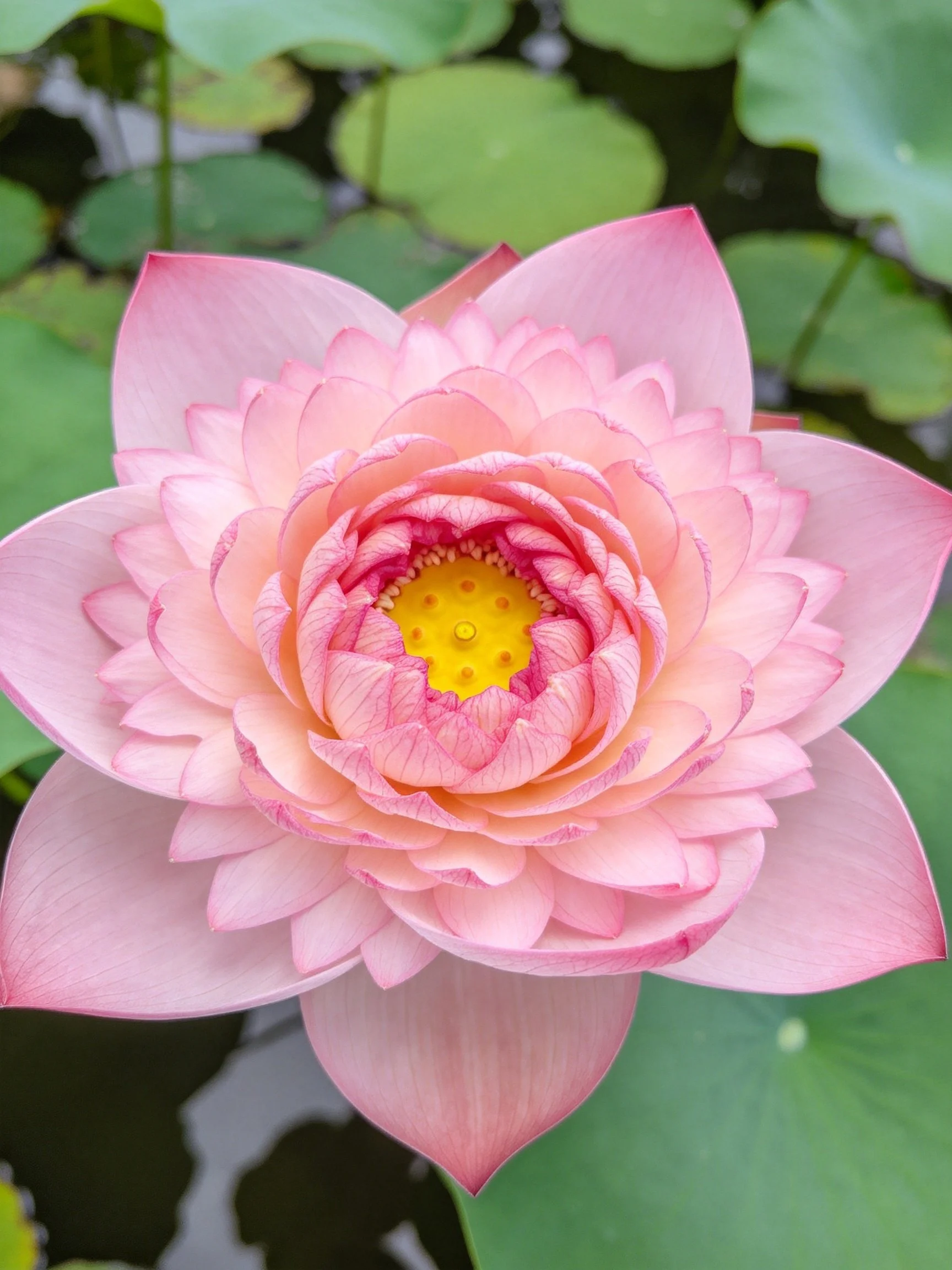 Vibrant pink lotus flower with layered petals and green lily pads