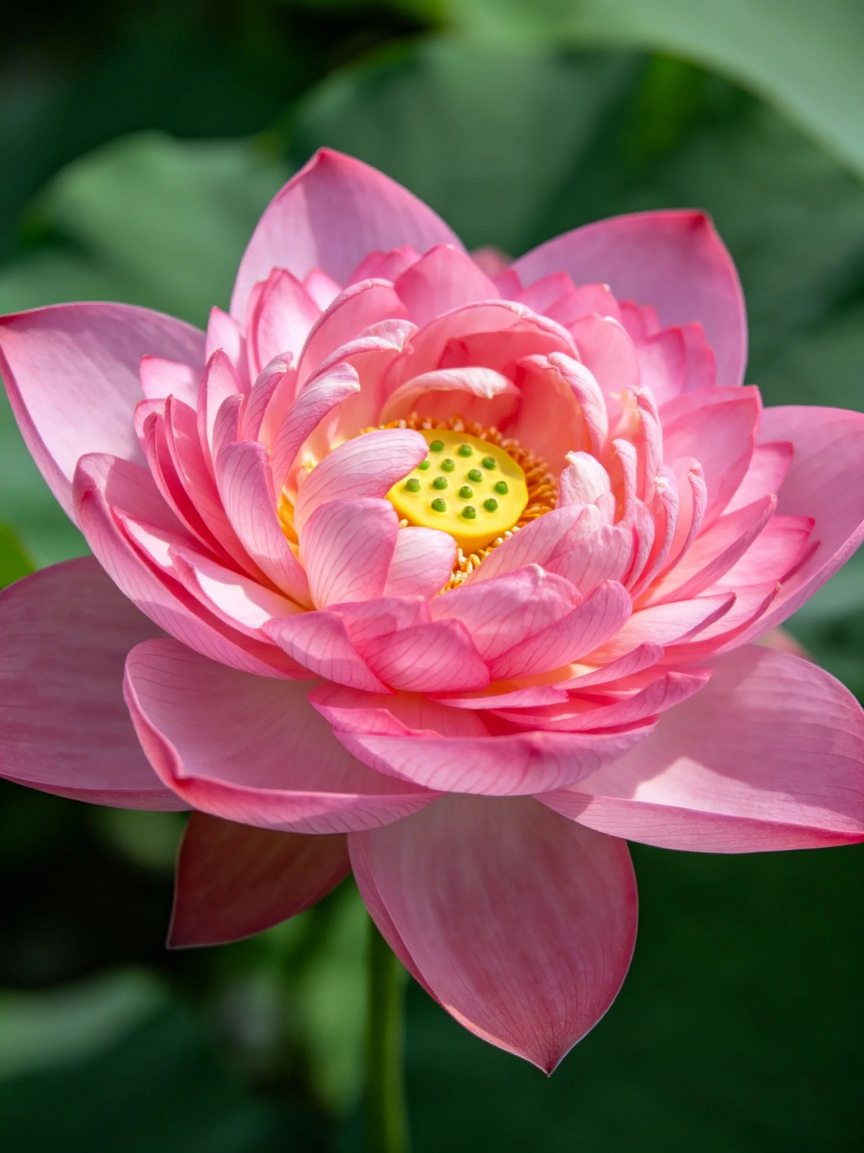 Vibrant pink lotus flower with layered petals and yellow center