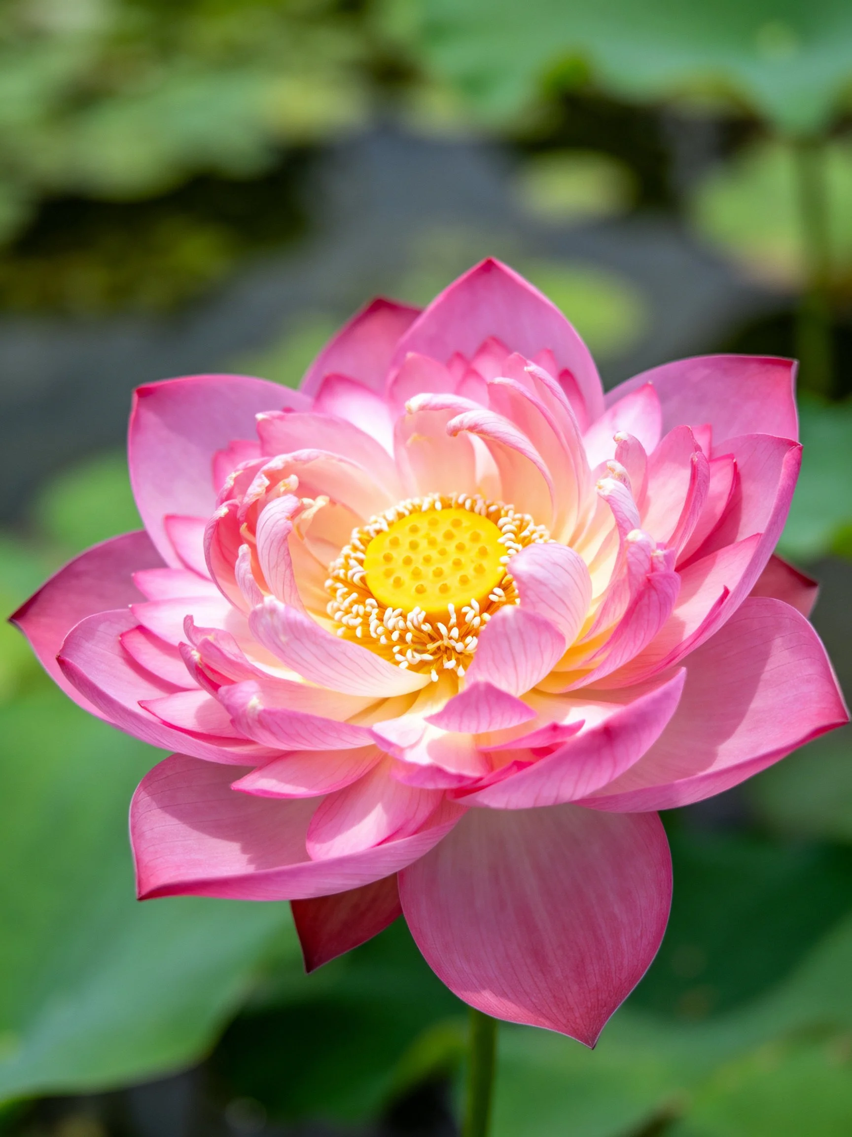 Pink lotus blooms with bright yellow center amid green foliage