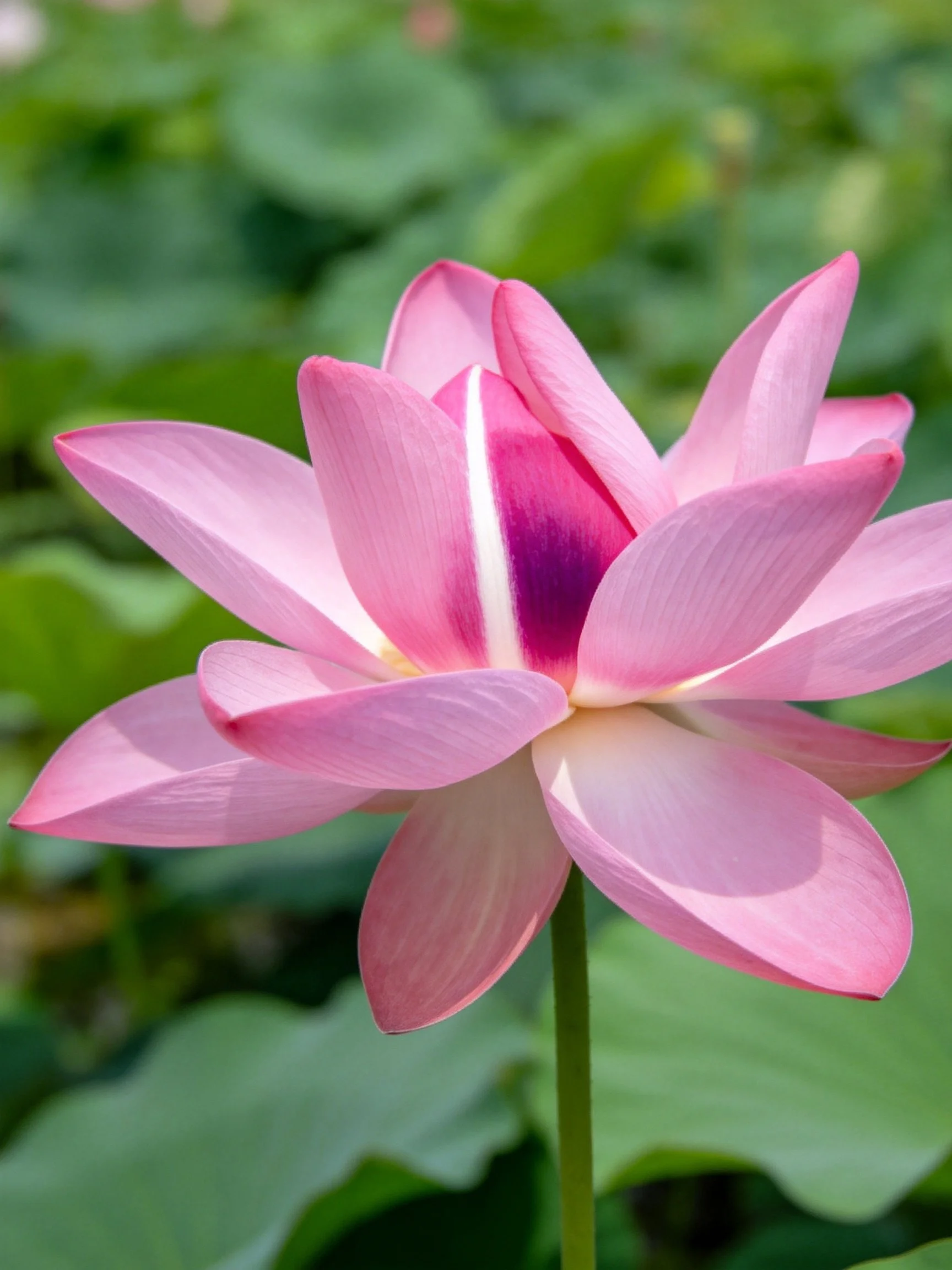 A pink lotus with a purple center is surrounded by green foliage.