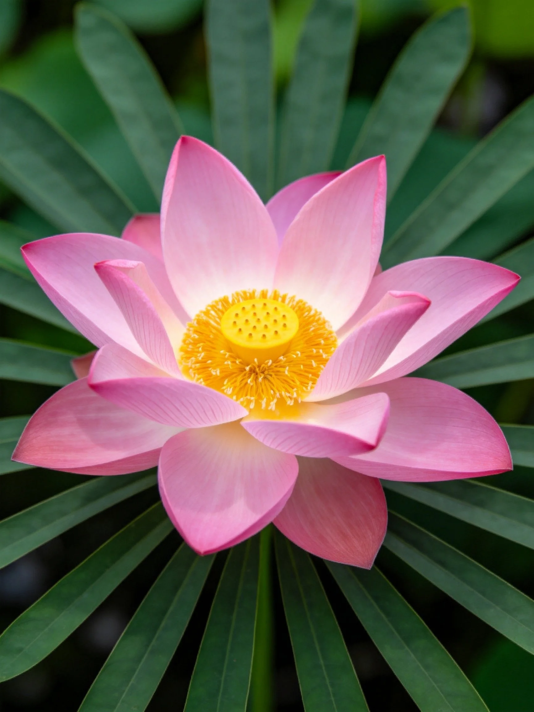 Vibrant pink lotus flower with yellow center amid green foliage