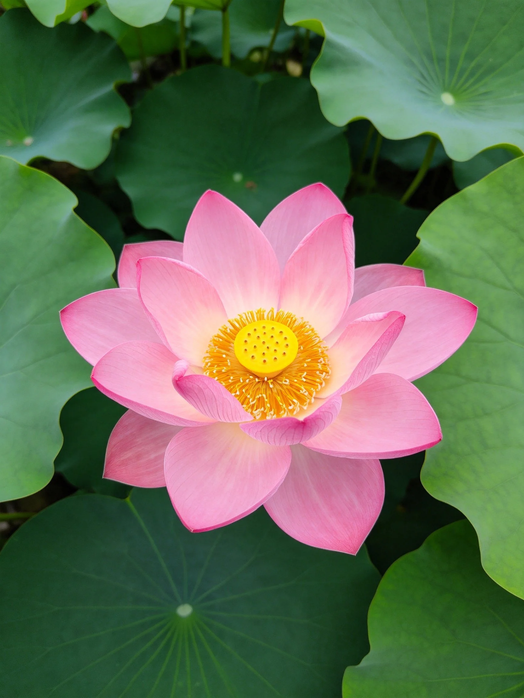 Vibrant pink lotus flower with yellow center amid large green lily pads