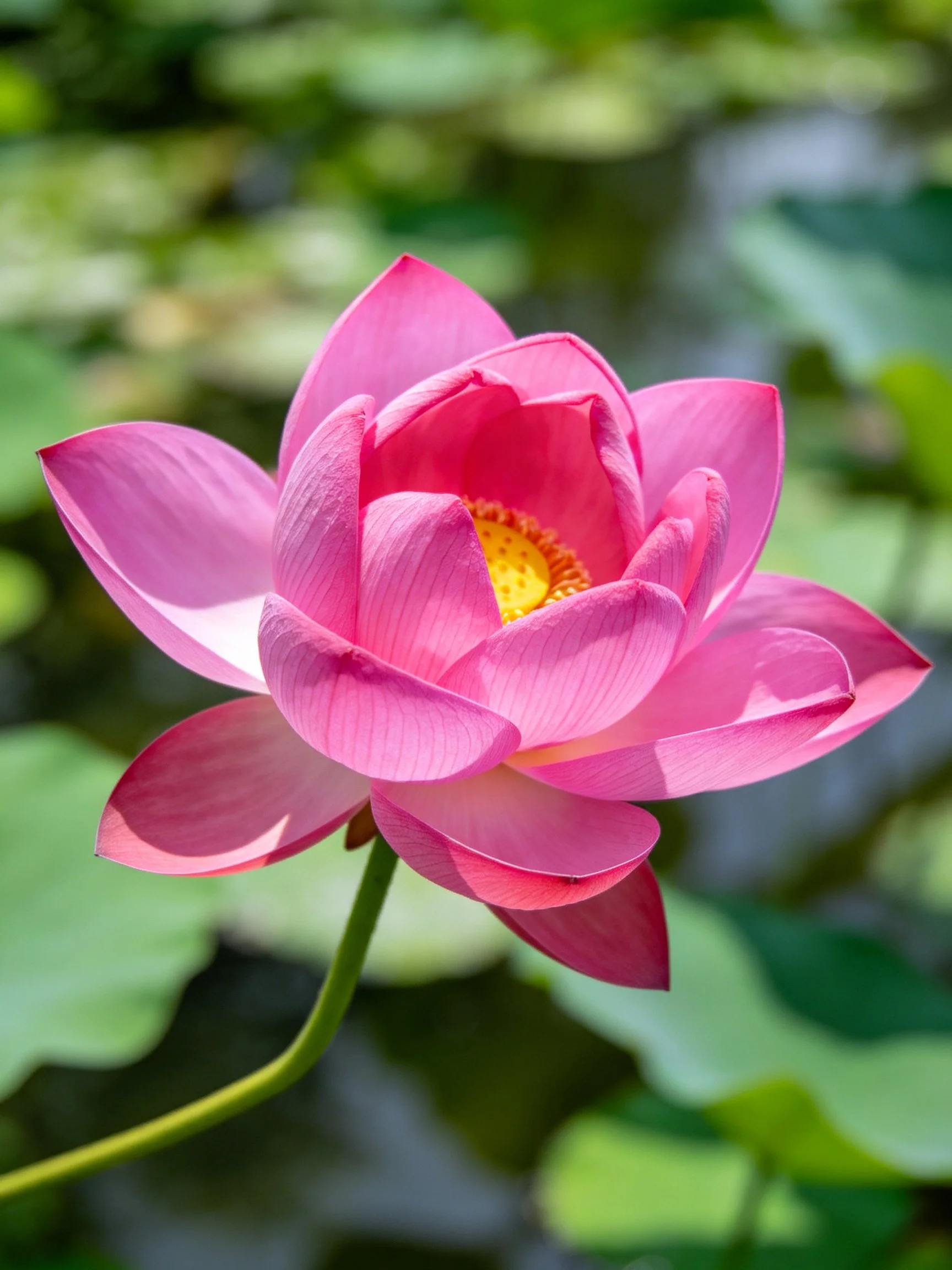 Vibrant pink lotus flower with yellow center amidst green foliage