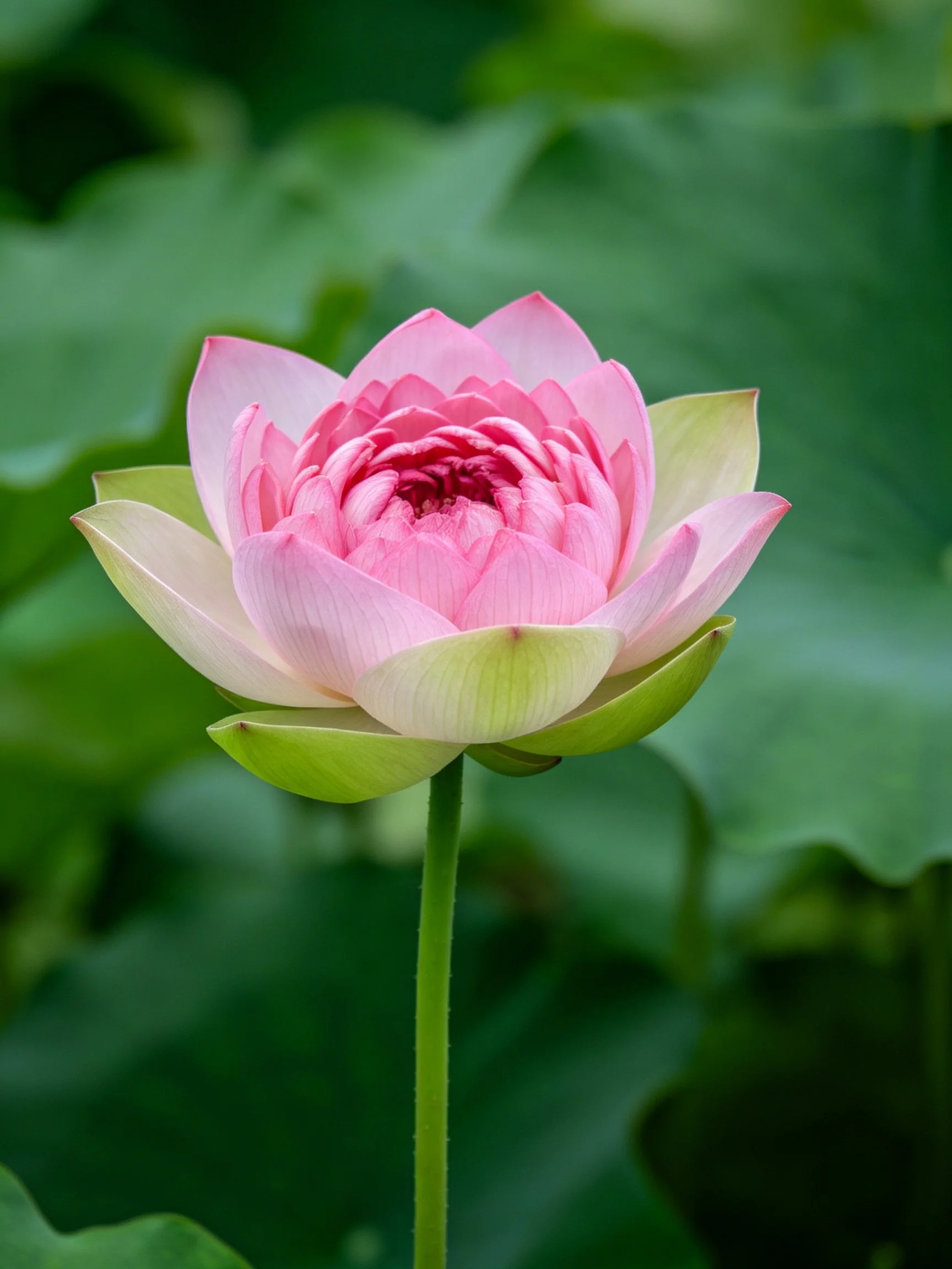 Vibrant pink lotus in full bloom with lush green foliage