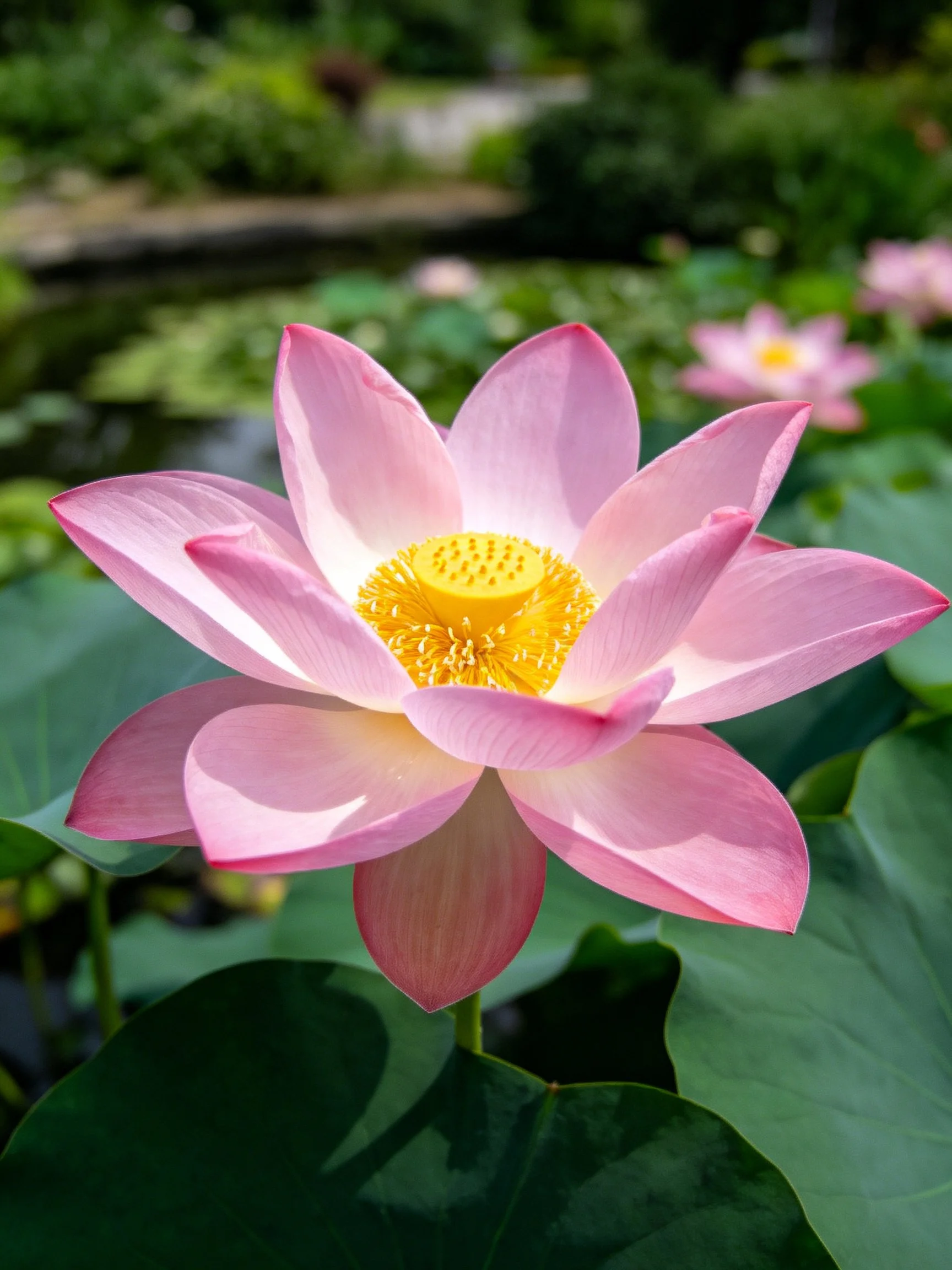 Vibrant pink lotus with golden center amid large green leaves