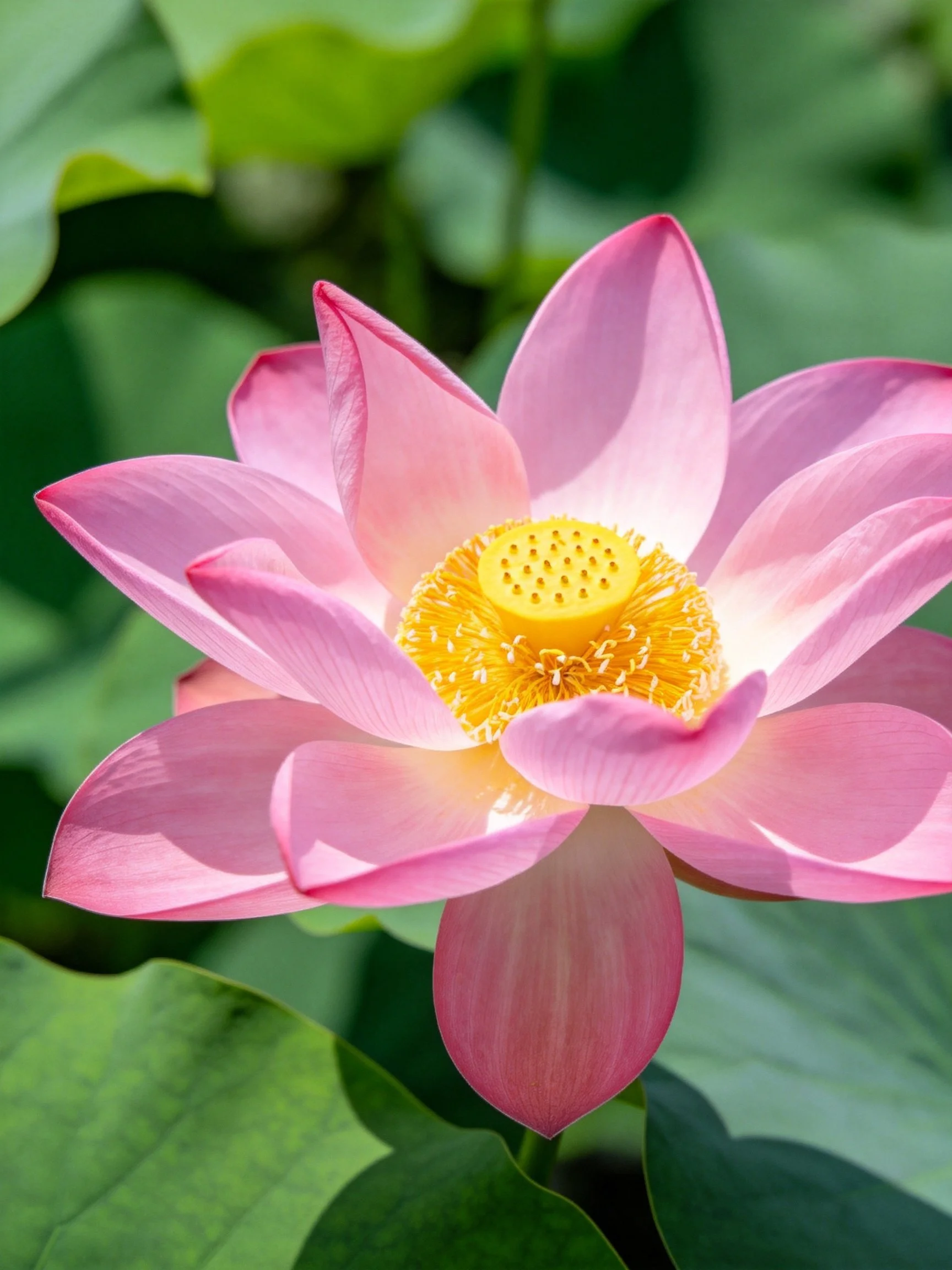 Vibrant pink lotus with golden center among green leaves