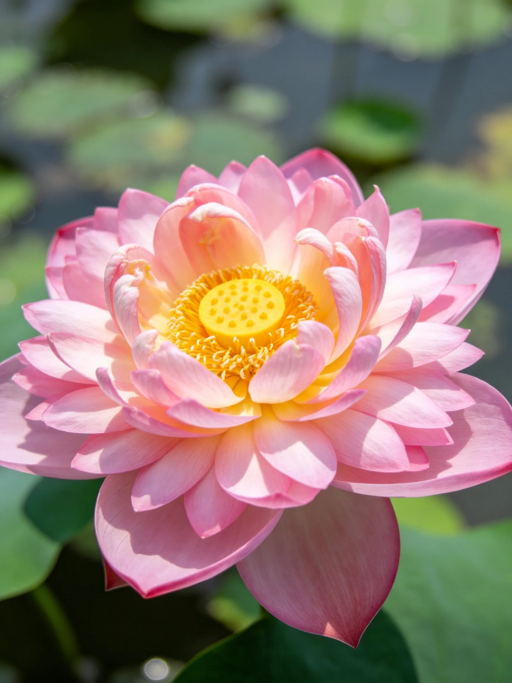 Vibrant pink lotus with golden center near green lily pads