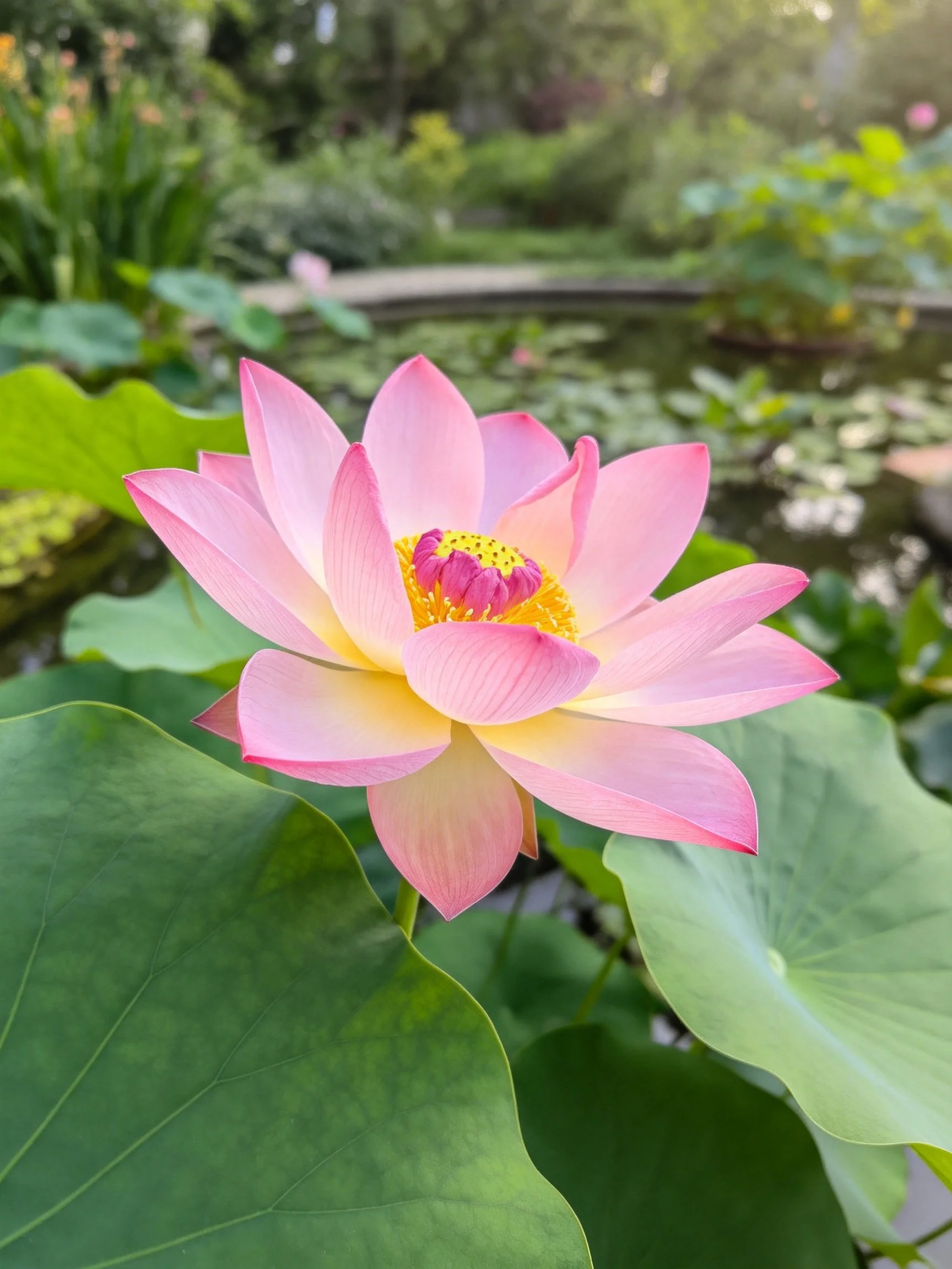 Vibrant pink lotus with large green leaves near a pond