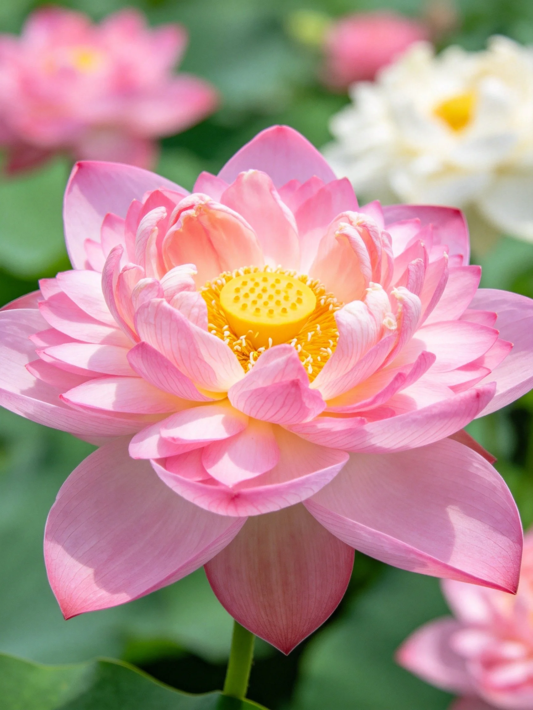 Vibrant pink lotus with layered petals and golden center