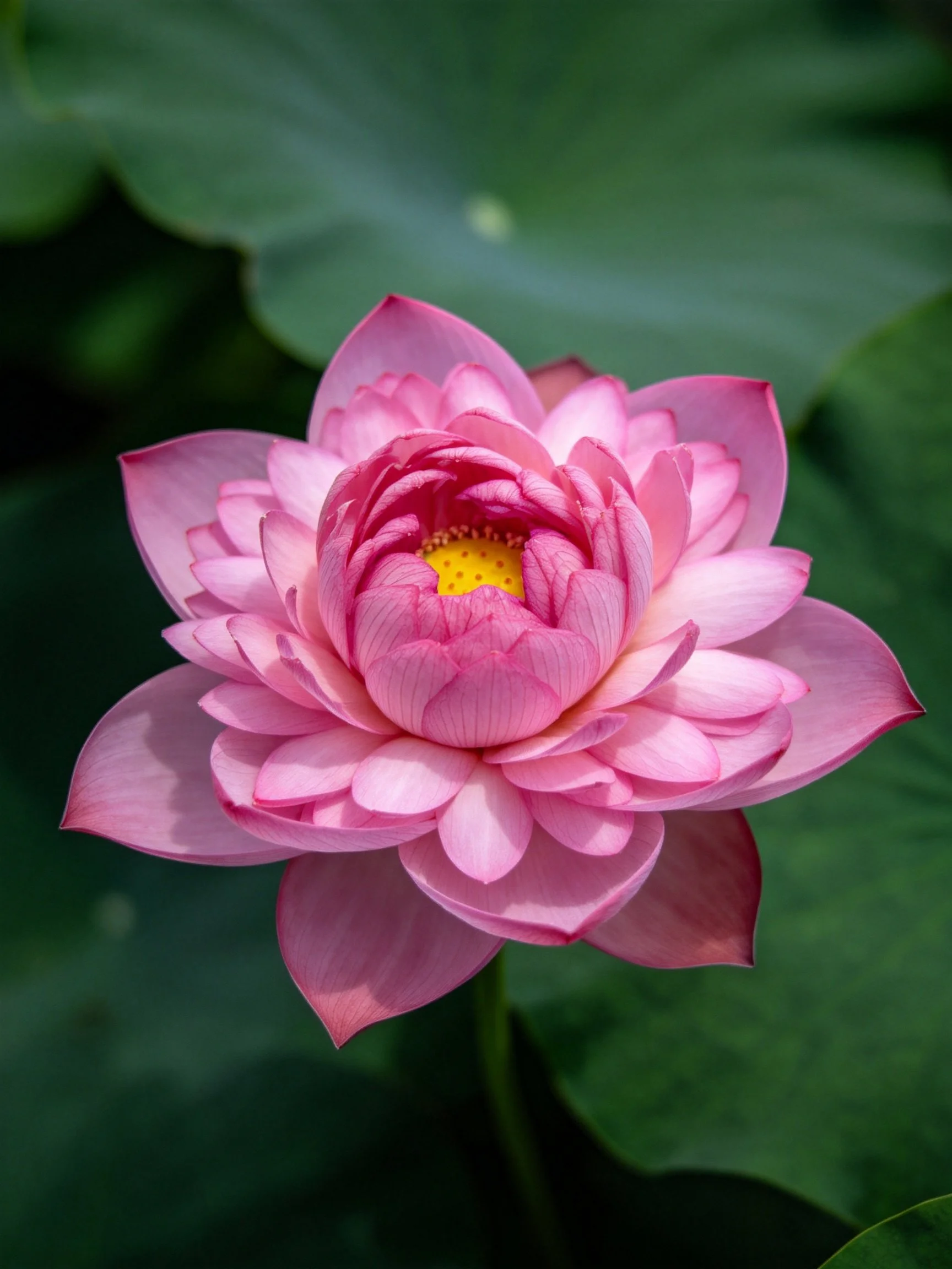 Vibrant pink lotus with layered petals and yellow center