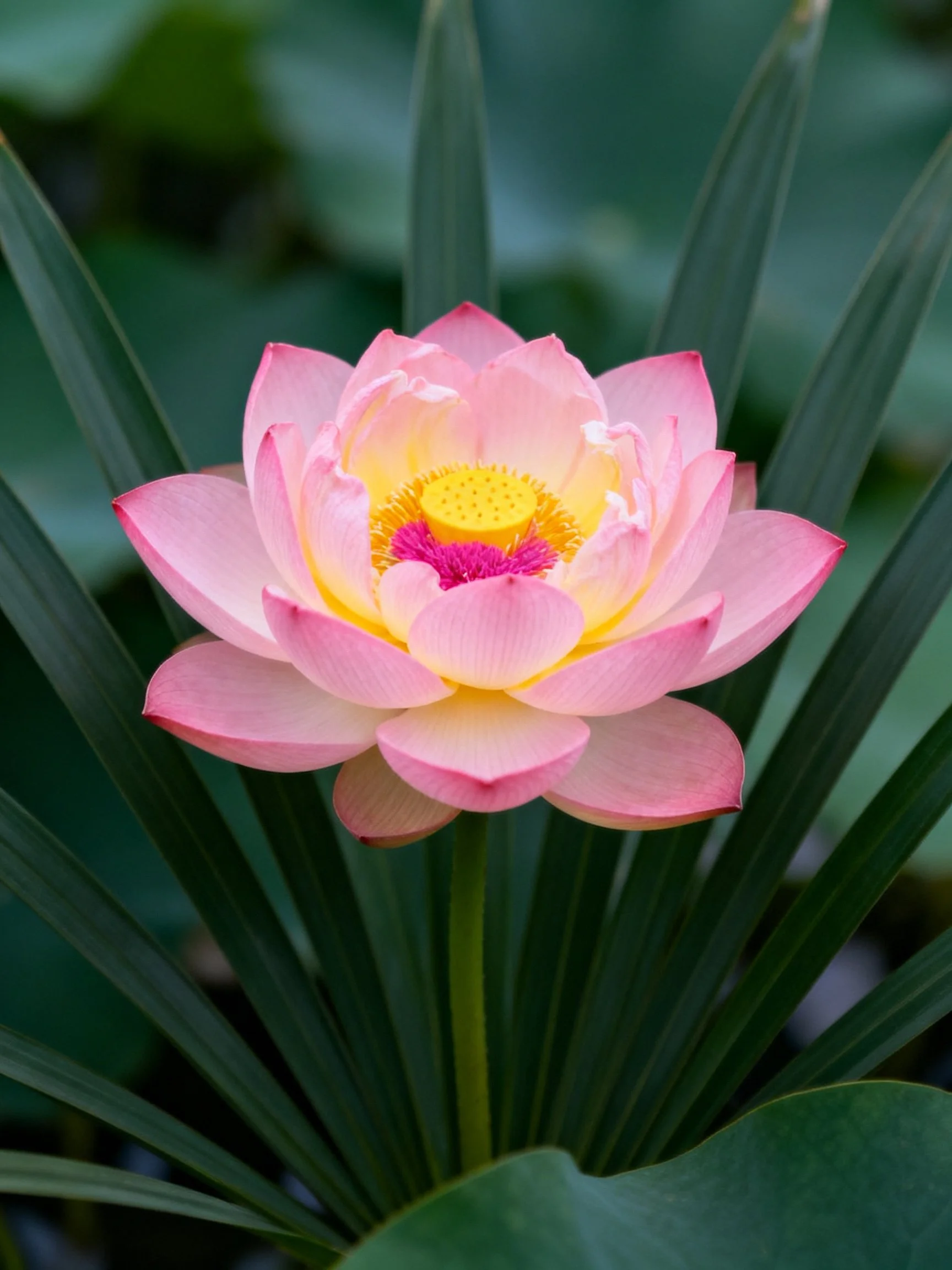 Vibrant pink lotus with yellow center amid green foliage