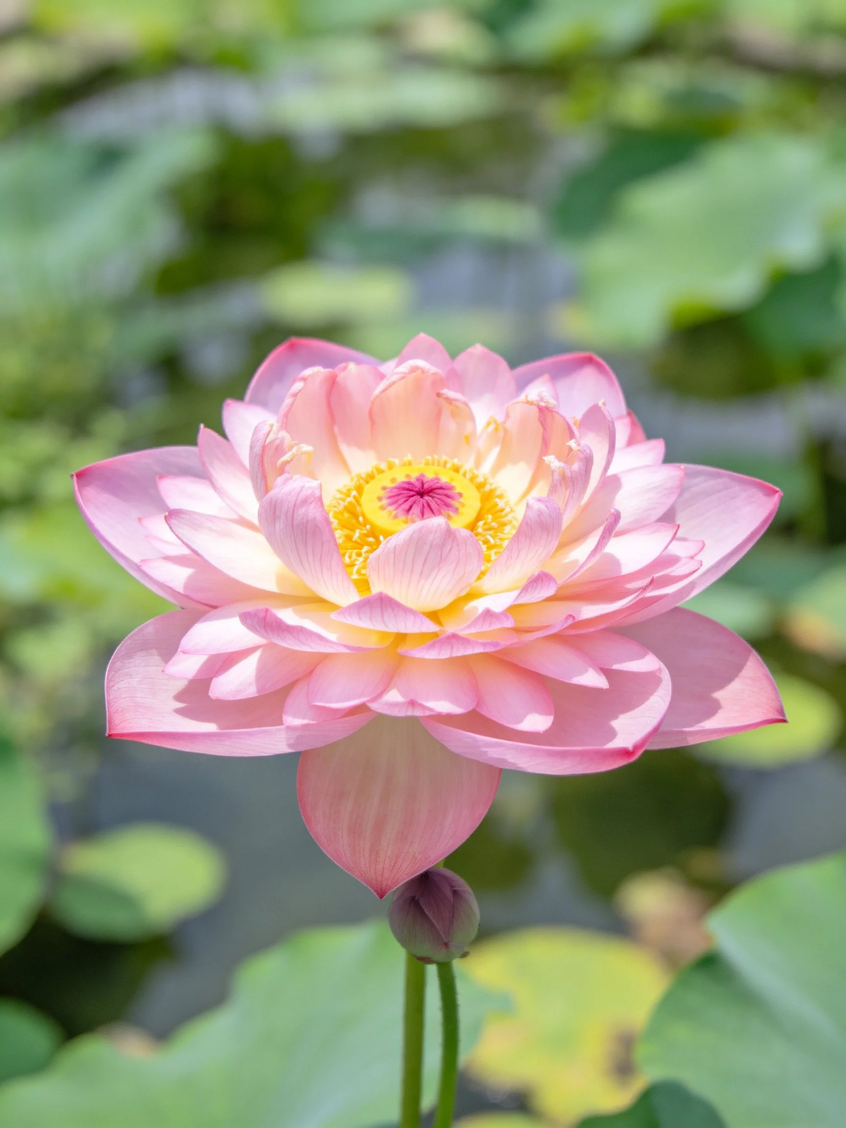 Vibrant pink lotus with yellow center amid green foliage