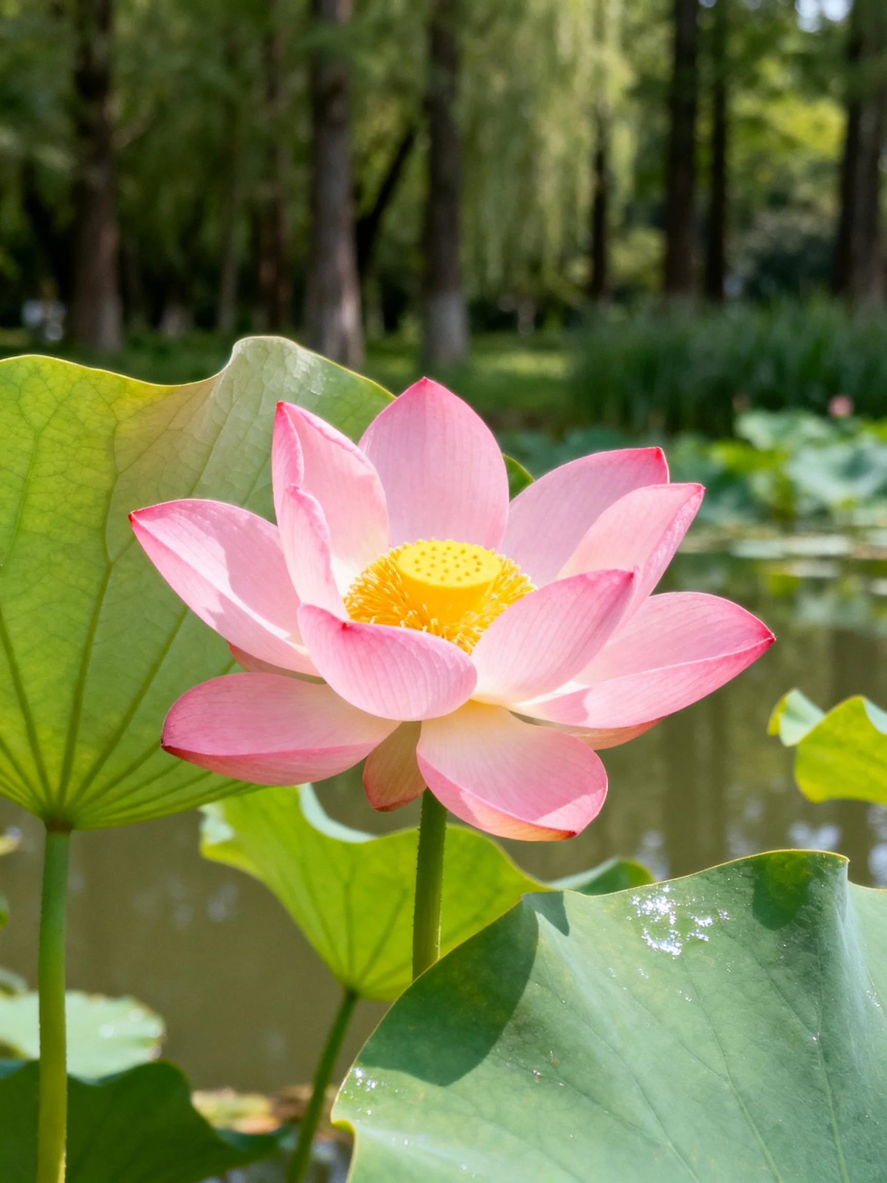 Vibrant pink lotus with yellow center amid large green leaves by calm water