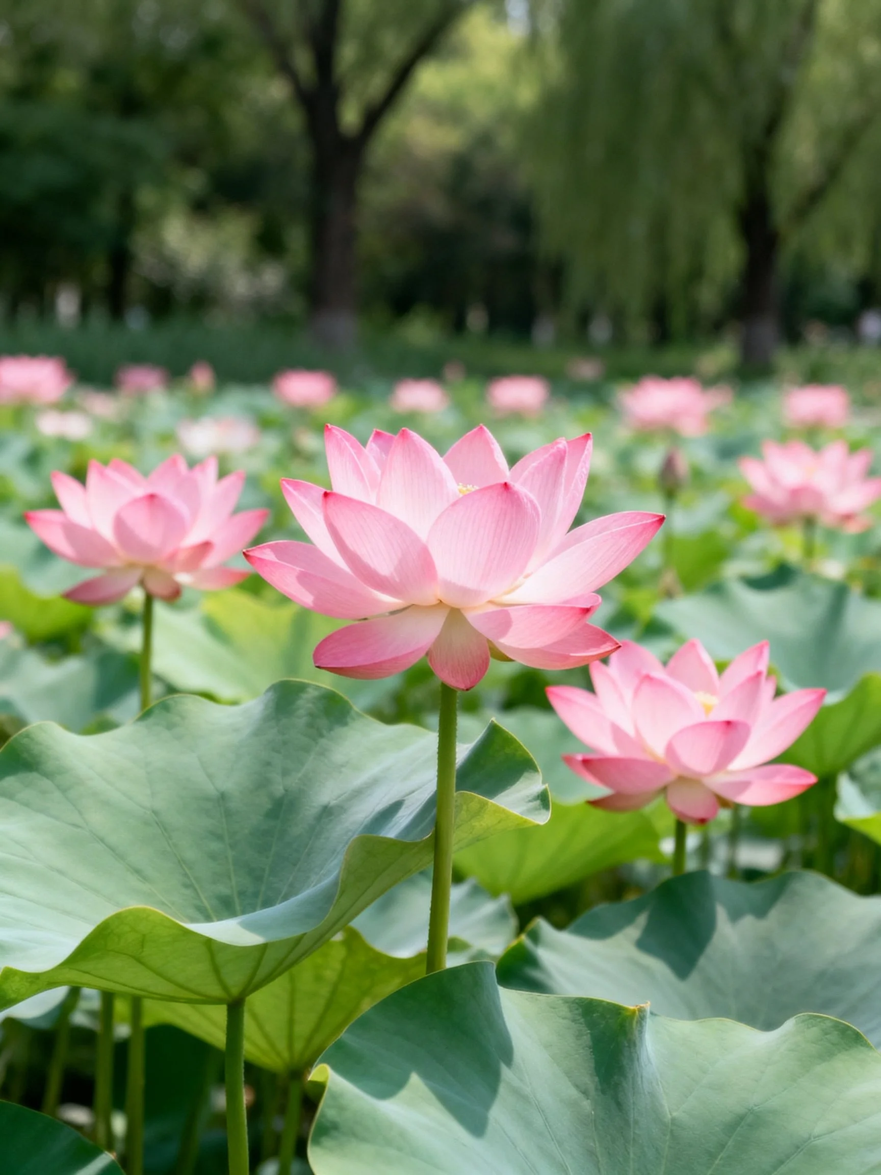 Vibrant pink lotuses bloom among large green leaves
