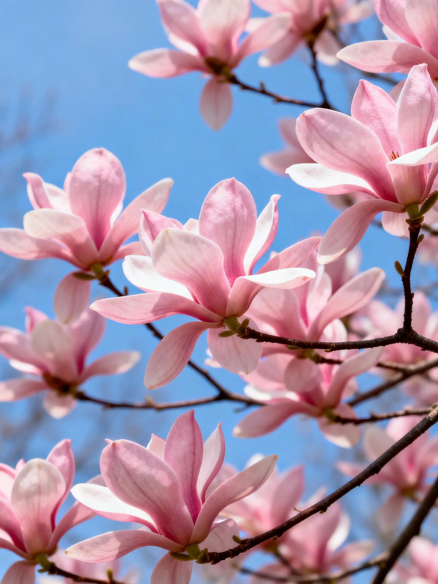 Vibrant pink magnolia blooms clustered on dark branches beneath clear blue sky