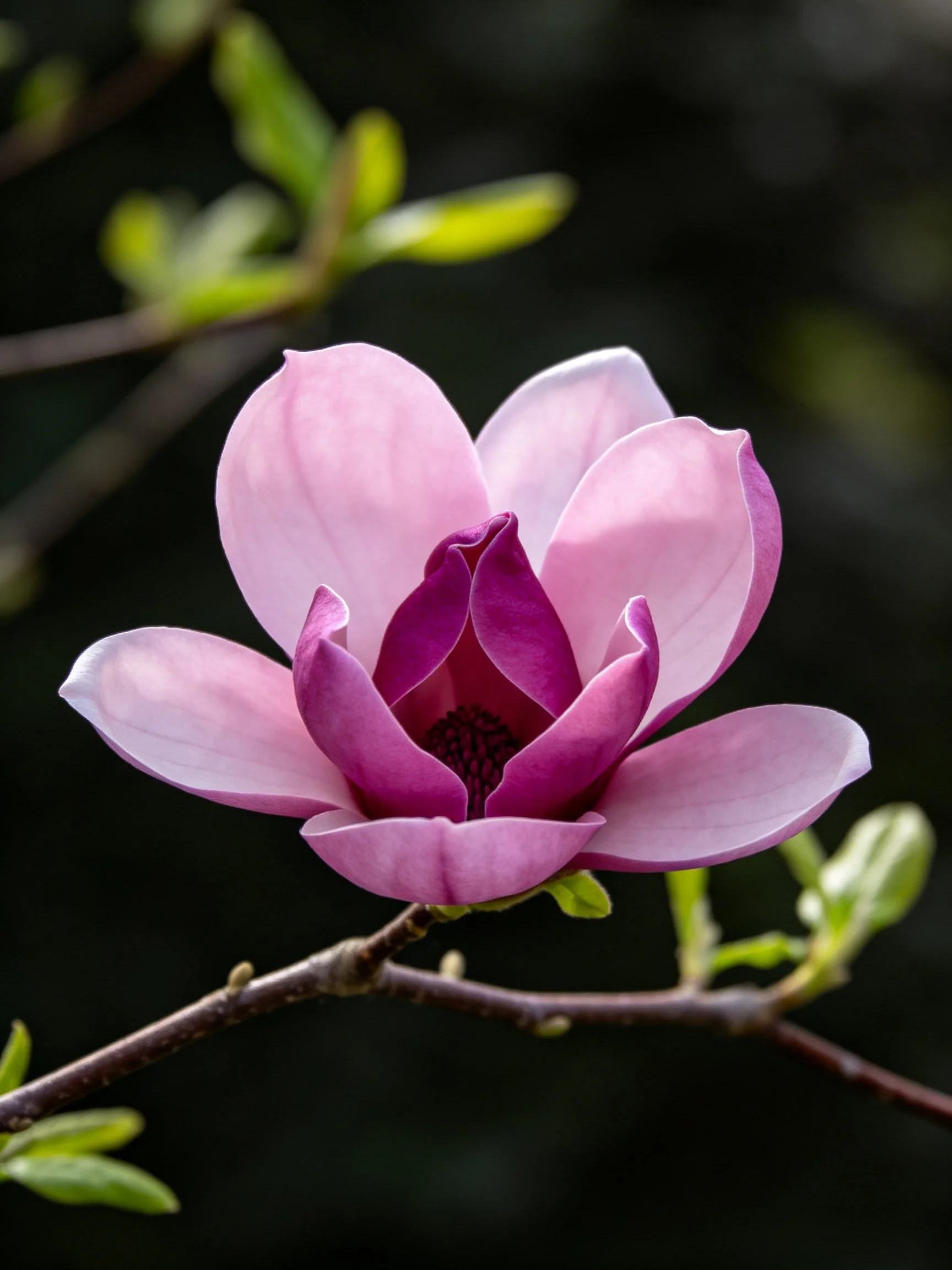 Vibrant pink magnolia flower with purple center on a branch
