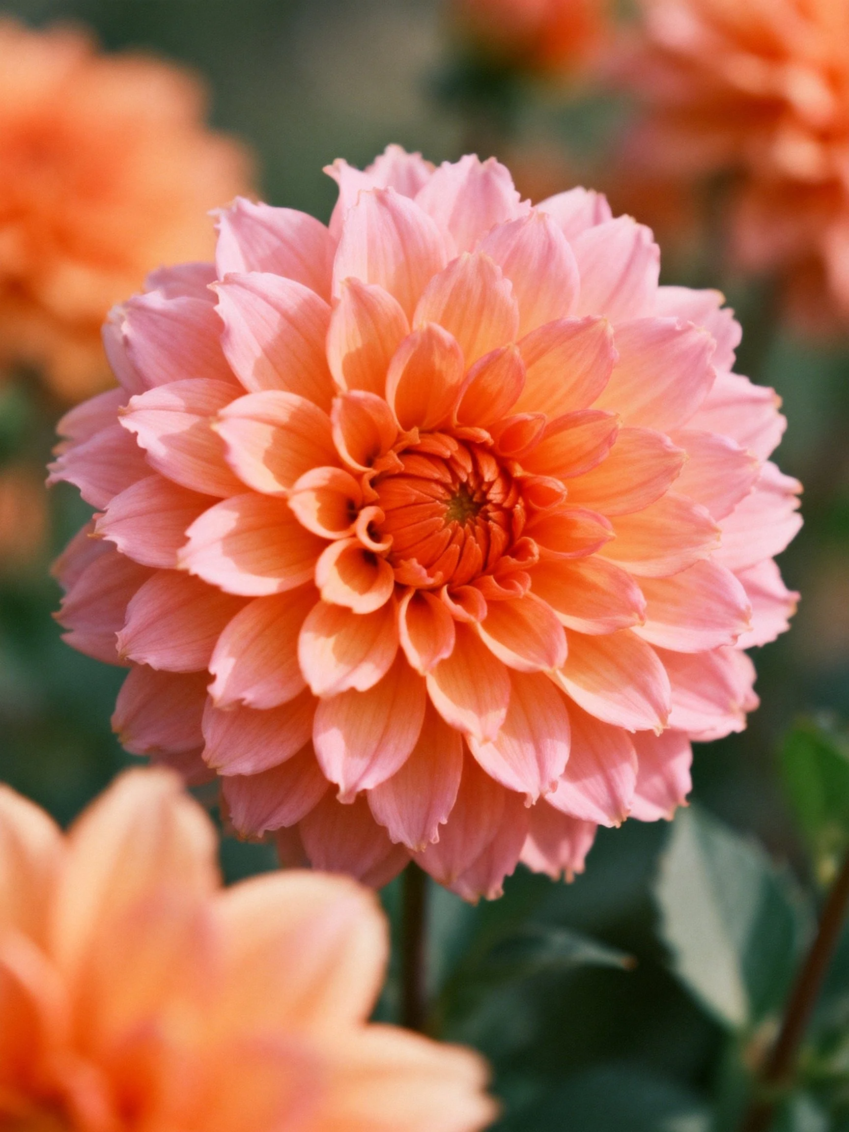 Vibrant pink-orange dahlia with layered petals