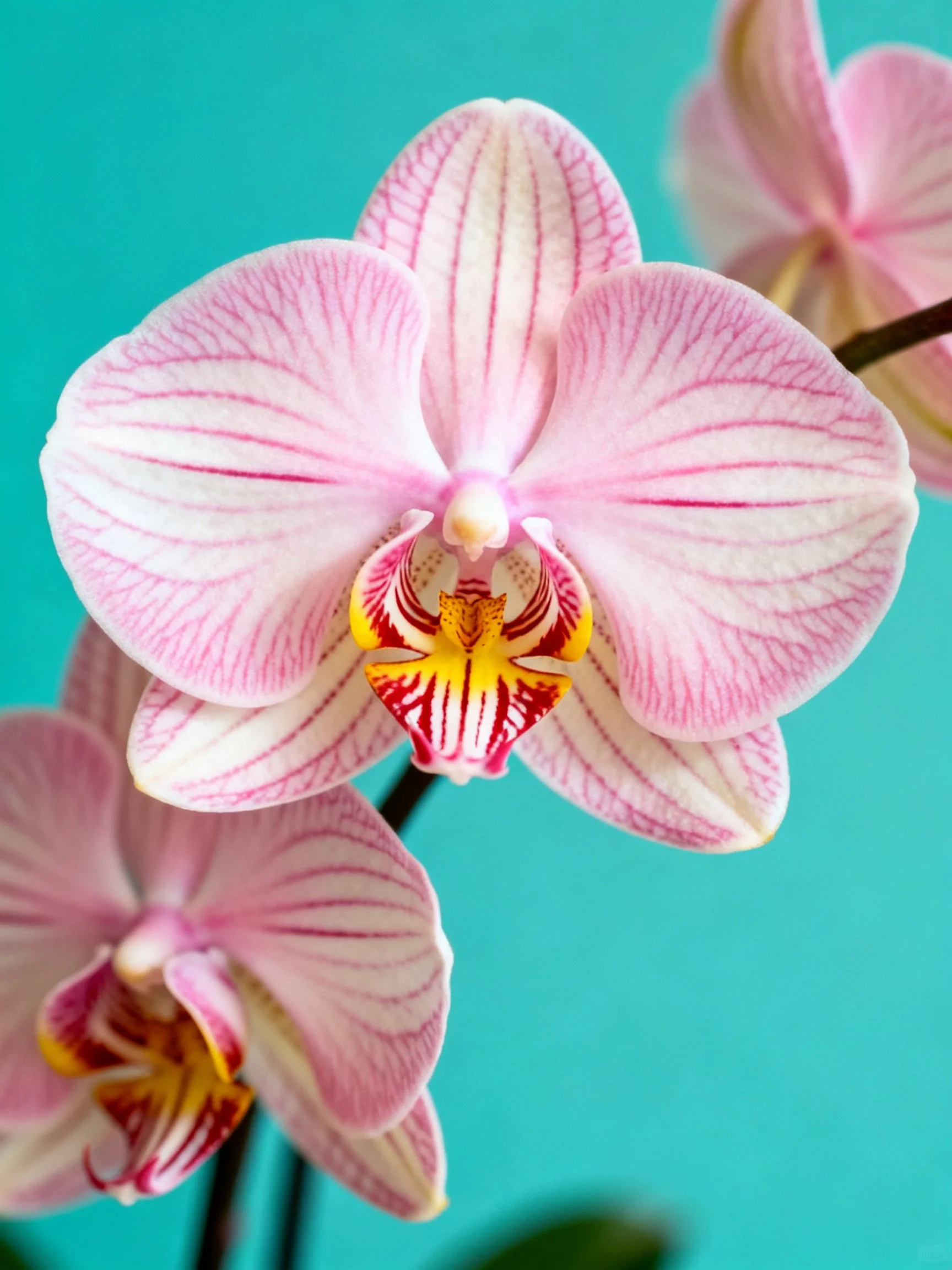 Vibrant pink orchid blooms with white stripes against turquoise backdrop