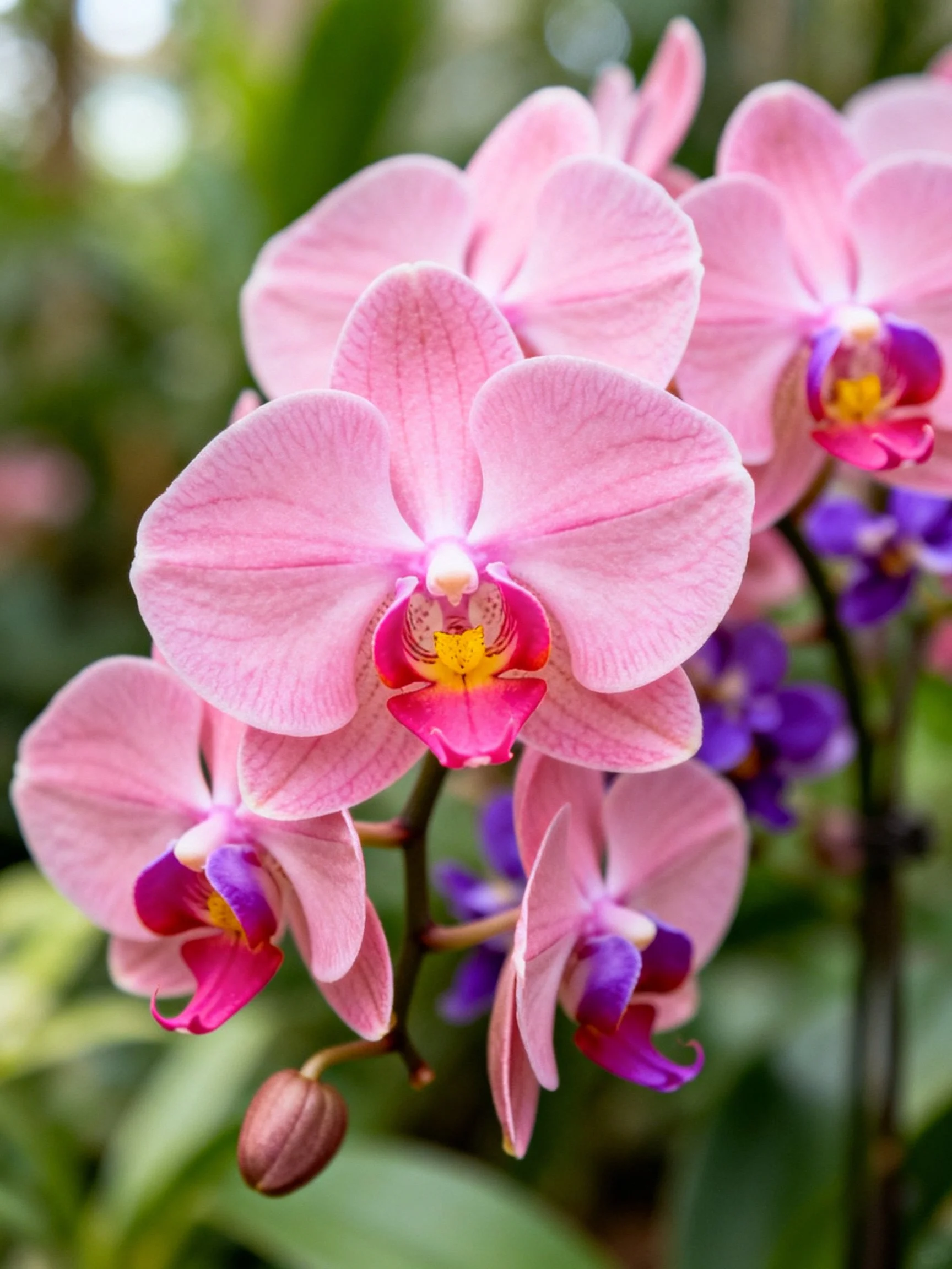 Vibrant pink orchid cluster with purple flowers and lush green backdrop
