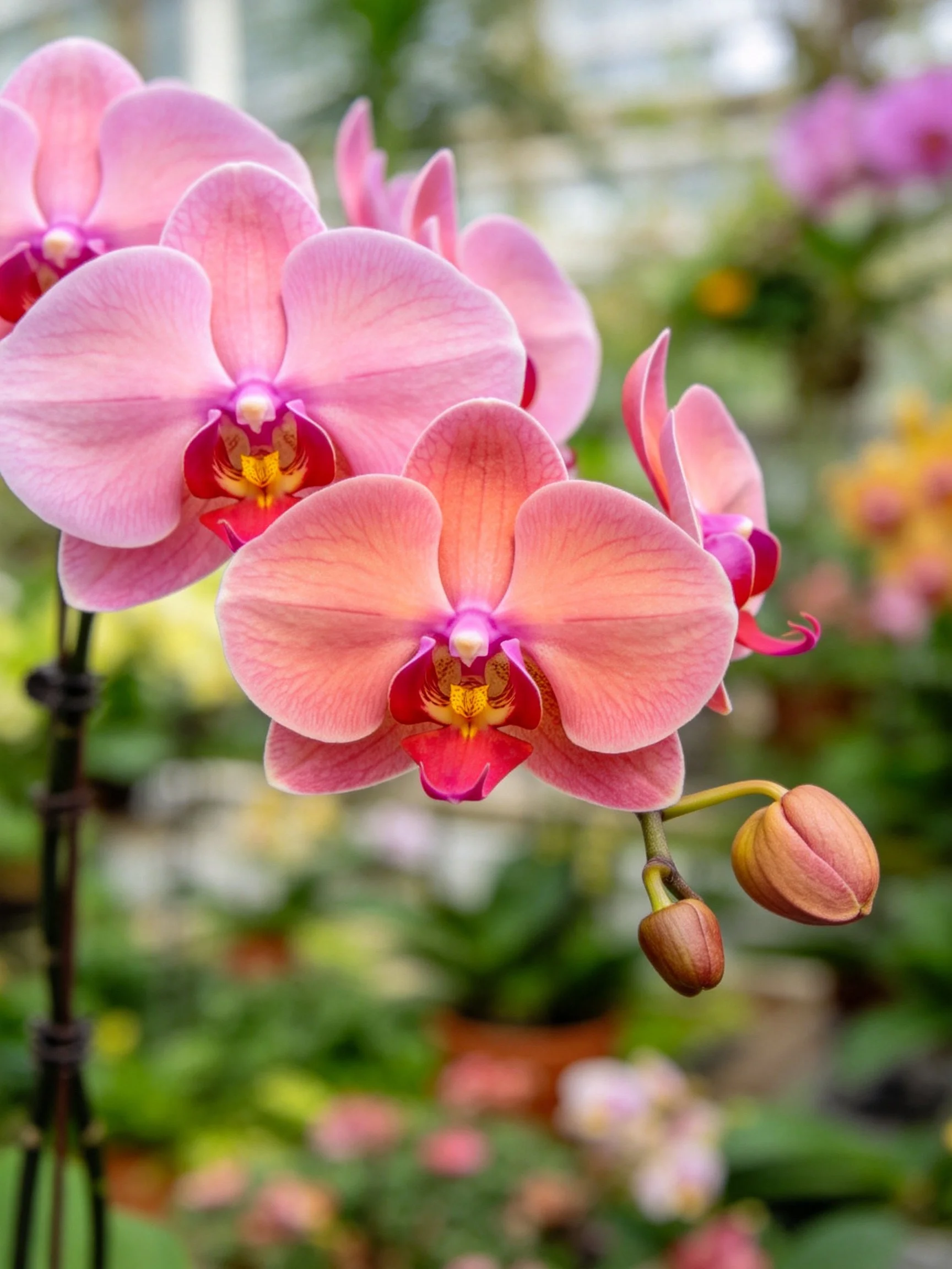 Vibrant pink orchids with red centers in a lush greenhouse