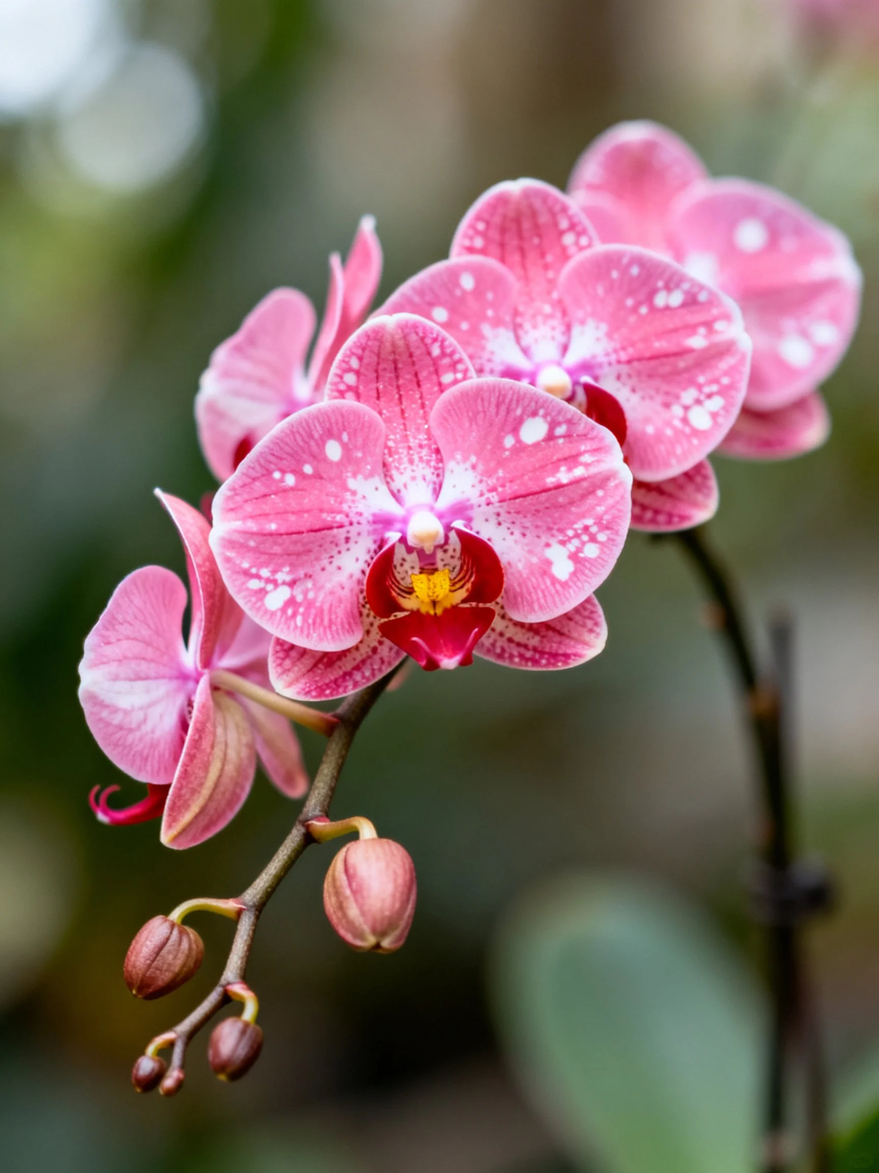 Vibrant pink orchids with white speckles blooming on curved stems