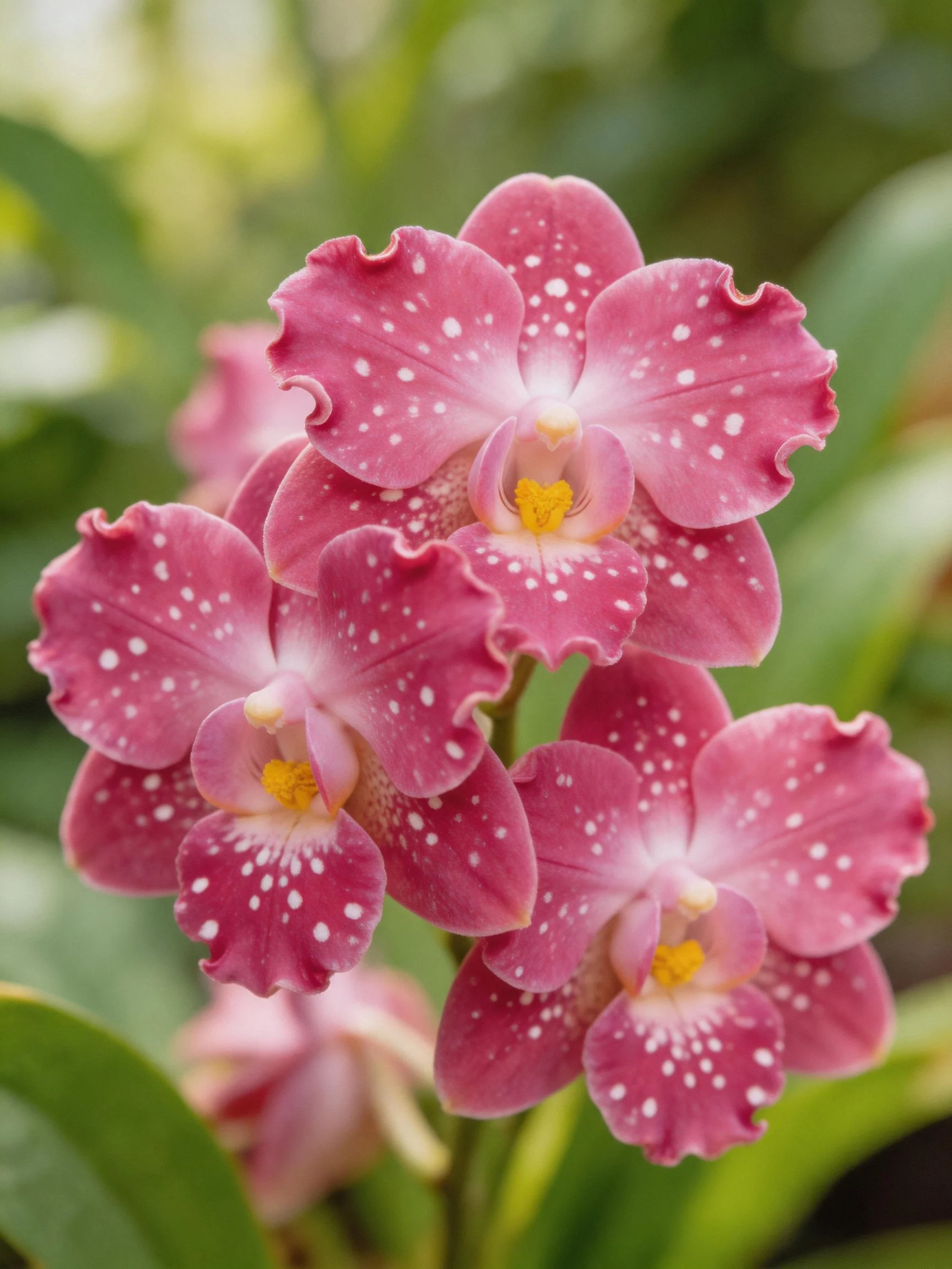 Vibrant pink orchids with white speckles clustered together