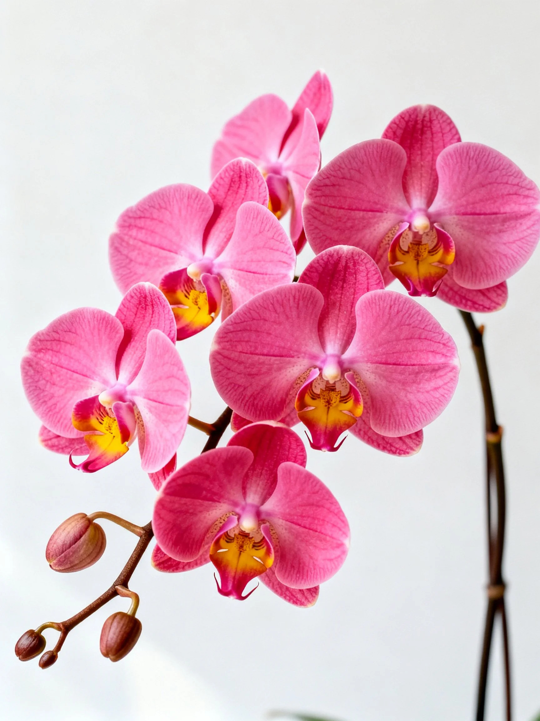 Vibrant pink orchids with yellow centers and bud stems