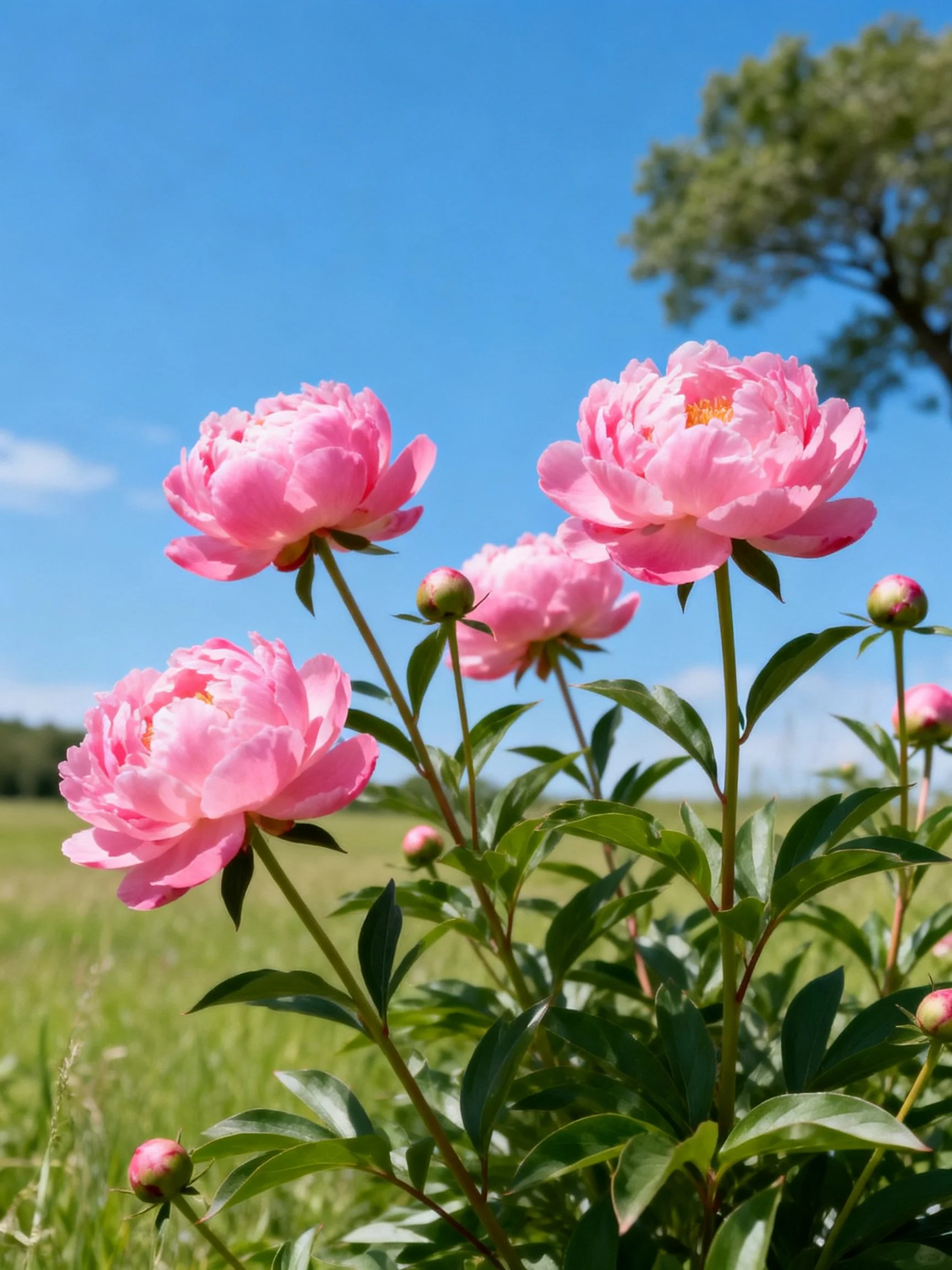 Vibrant pink peonies bloom among lush green foliage under clear blue sky