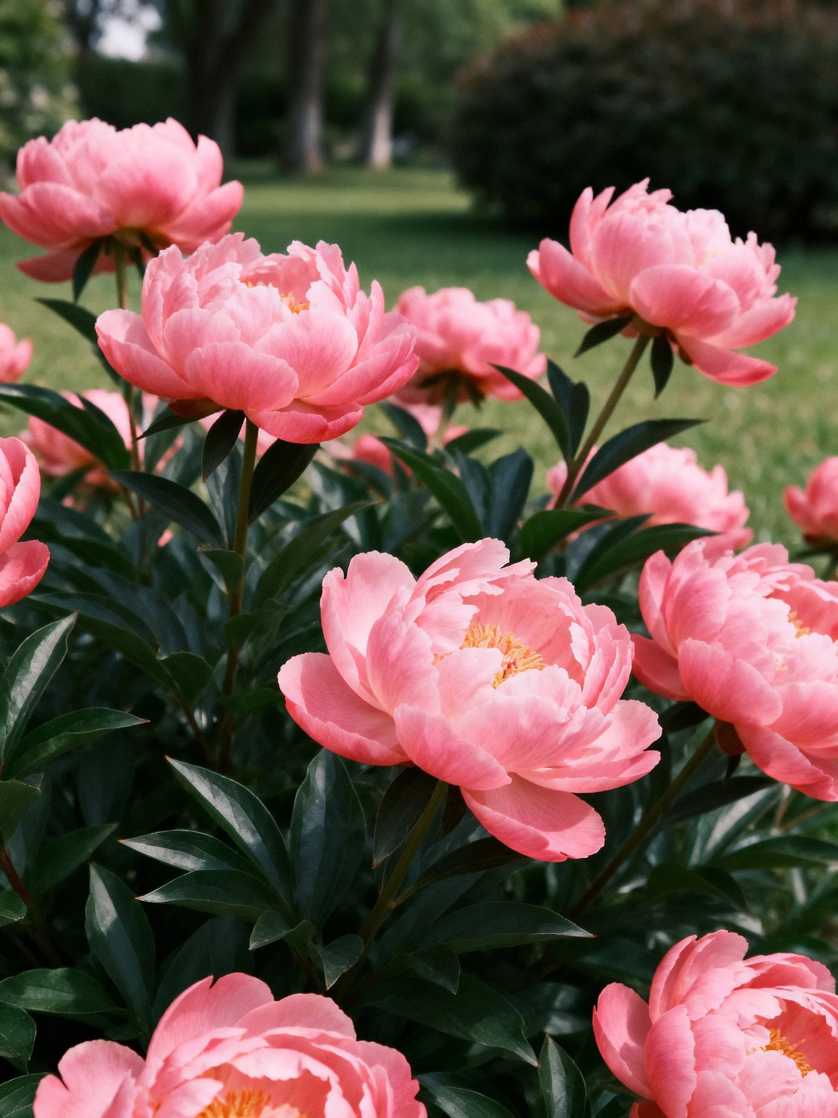 Vibrant pink peonies bloom densely among dark green foliage
