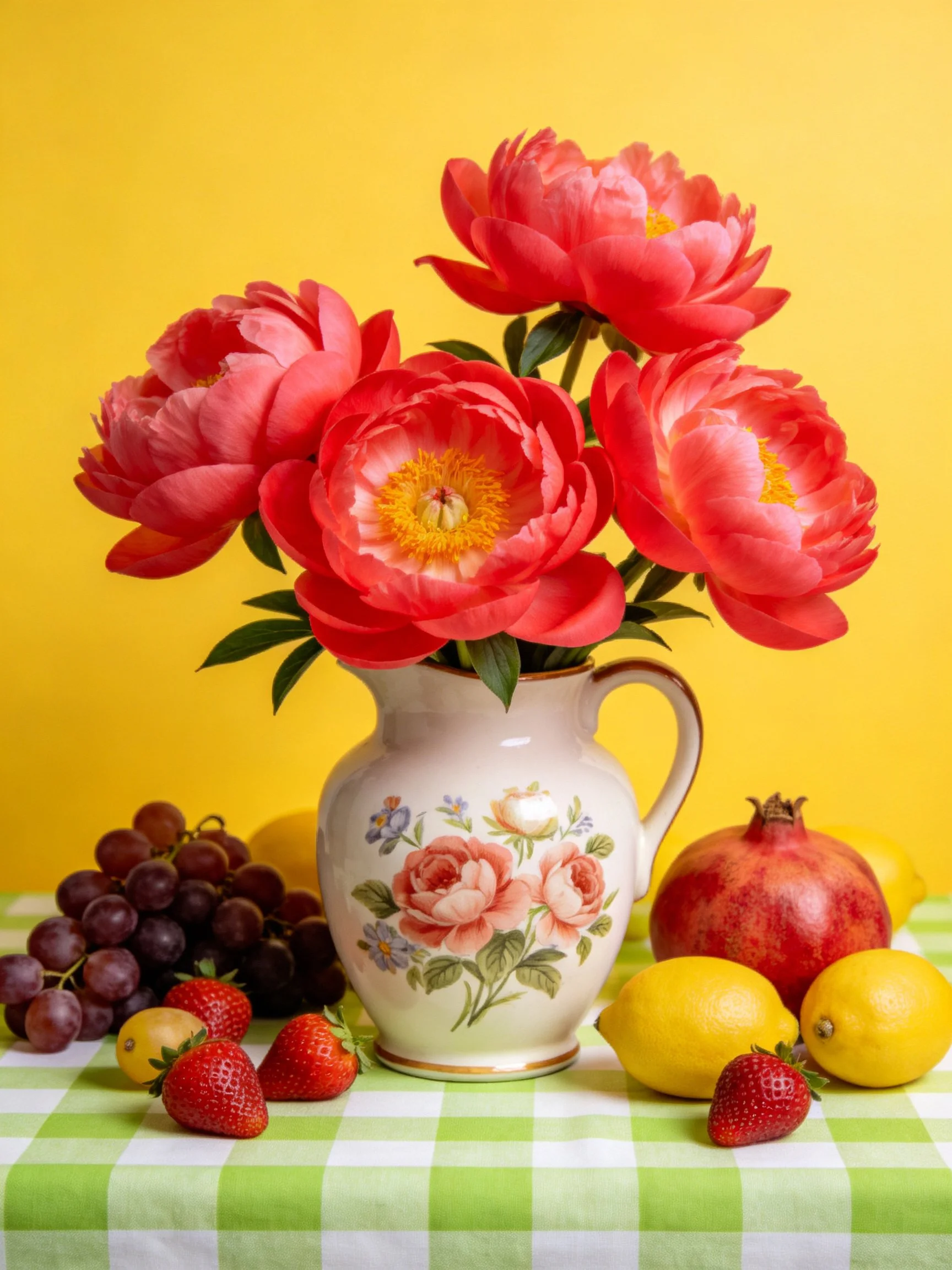Vibrant pink peonies in floral pitcher with assorted fruits on checkered cloth