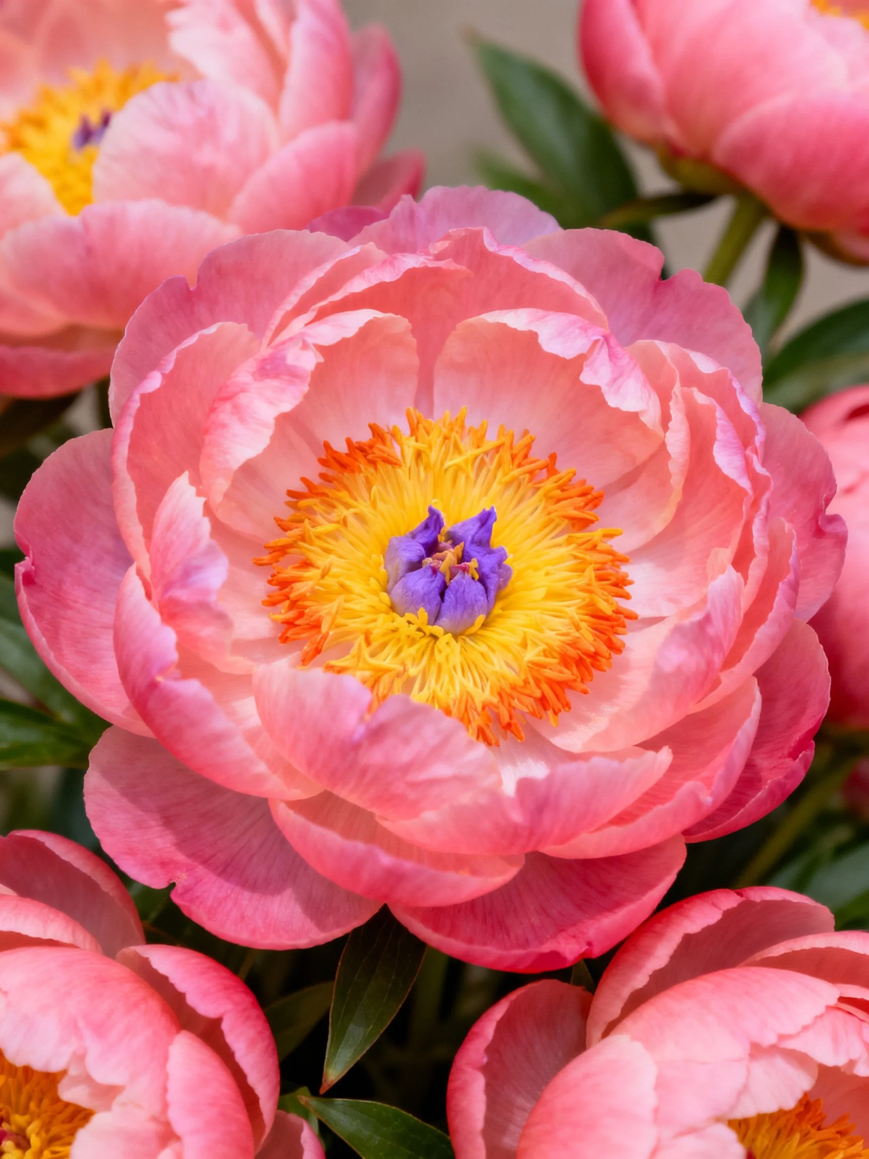 Vibrant pink peonies with colorful centers