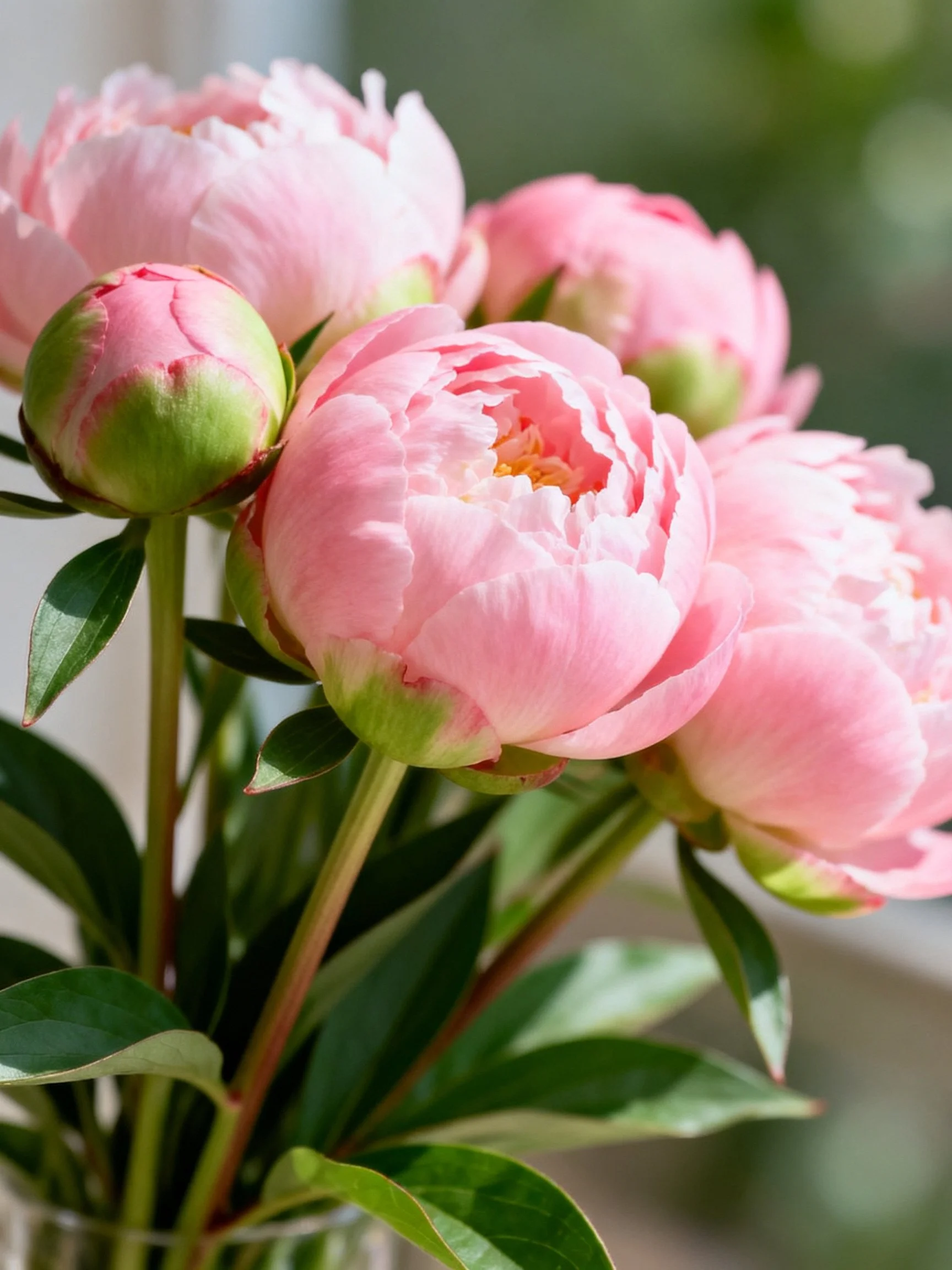 Vibrant pink peonies with green buds and lush leaves