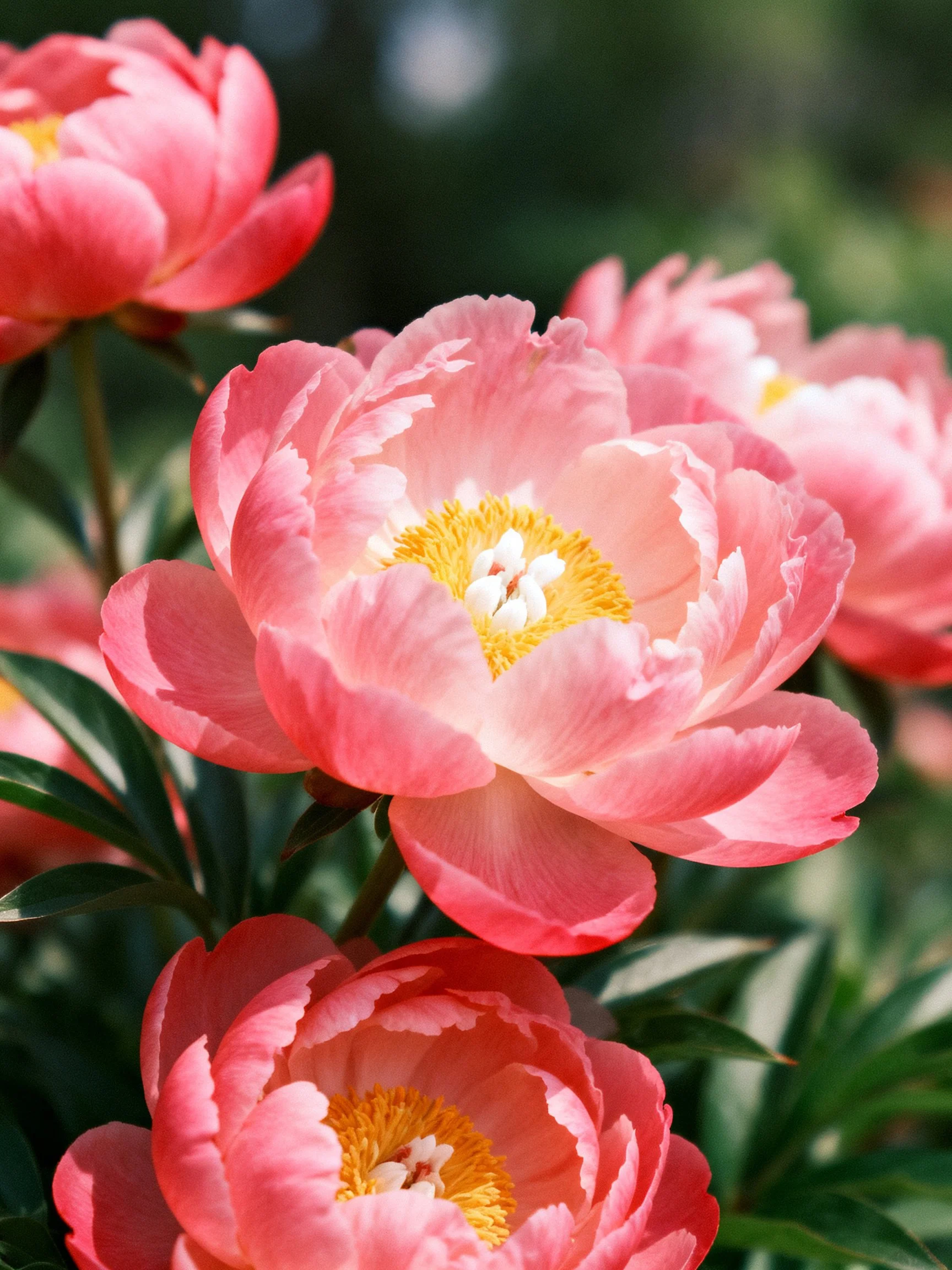 Vibrant pink peonies with yellow centers in natural sunlight