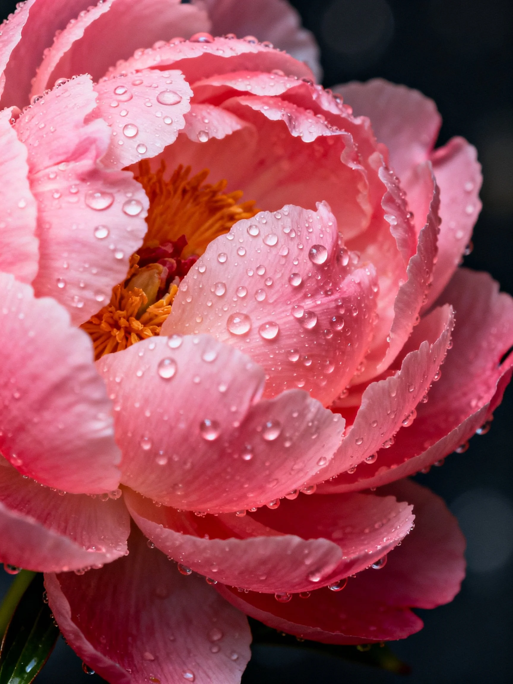 Vibrant pink peony adorned with glistening water droplets
