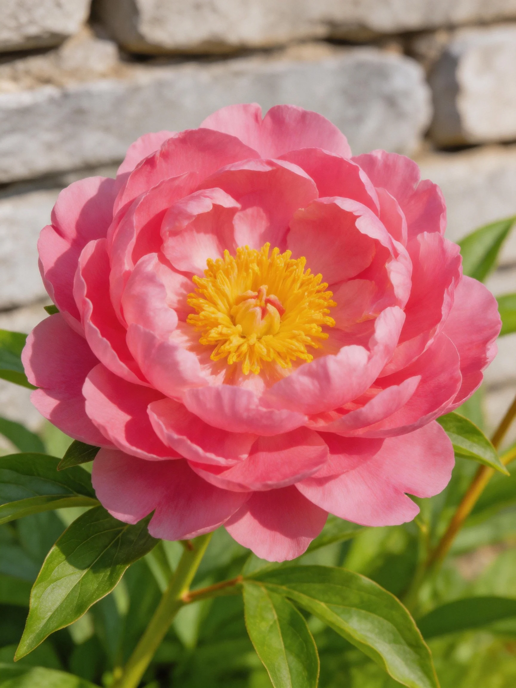 Vibrant pink peony bloom with yellow center and green foliage